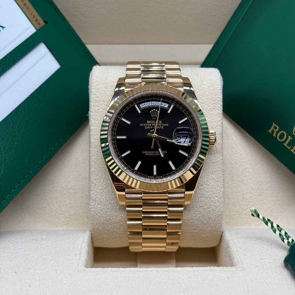 Rolex Day-Date 40 18K Yellow Gold Black Diagonal Motif Index Dial President Bracelet 228238 Full Set
