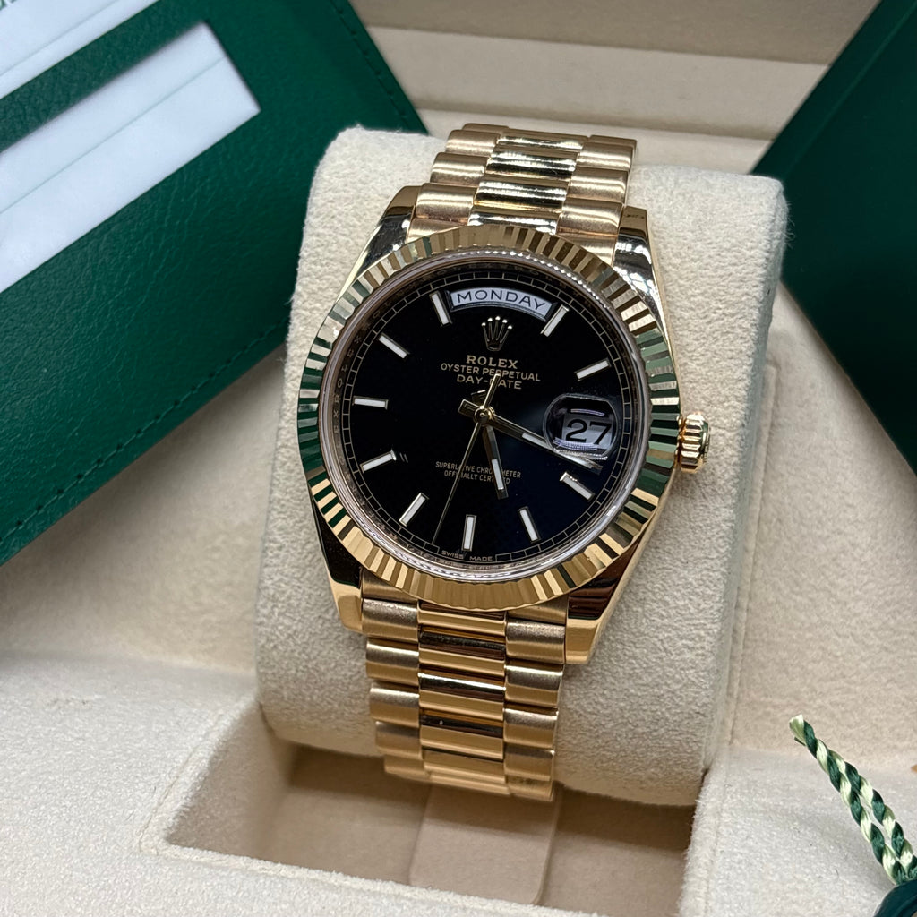 Rolex Day-Date 40 18K Yellow Gold Black Diagonal Motif Index Dial President Bracelet 228238 Full Set