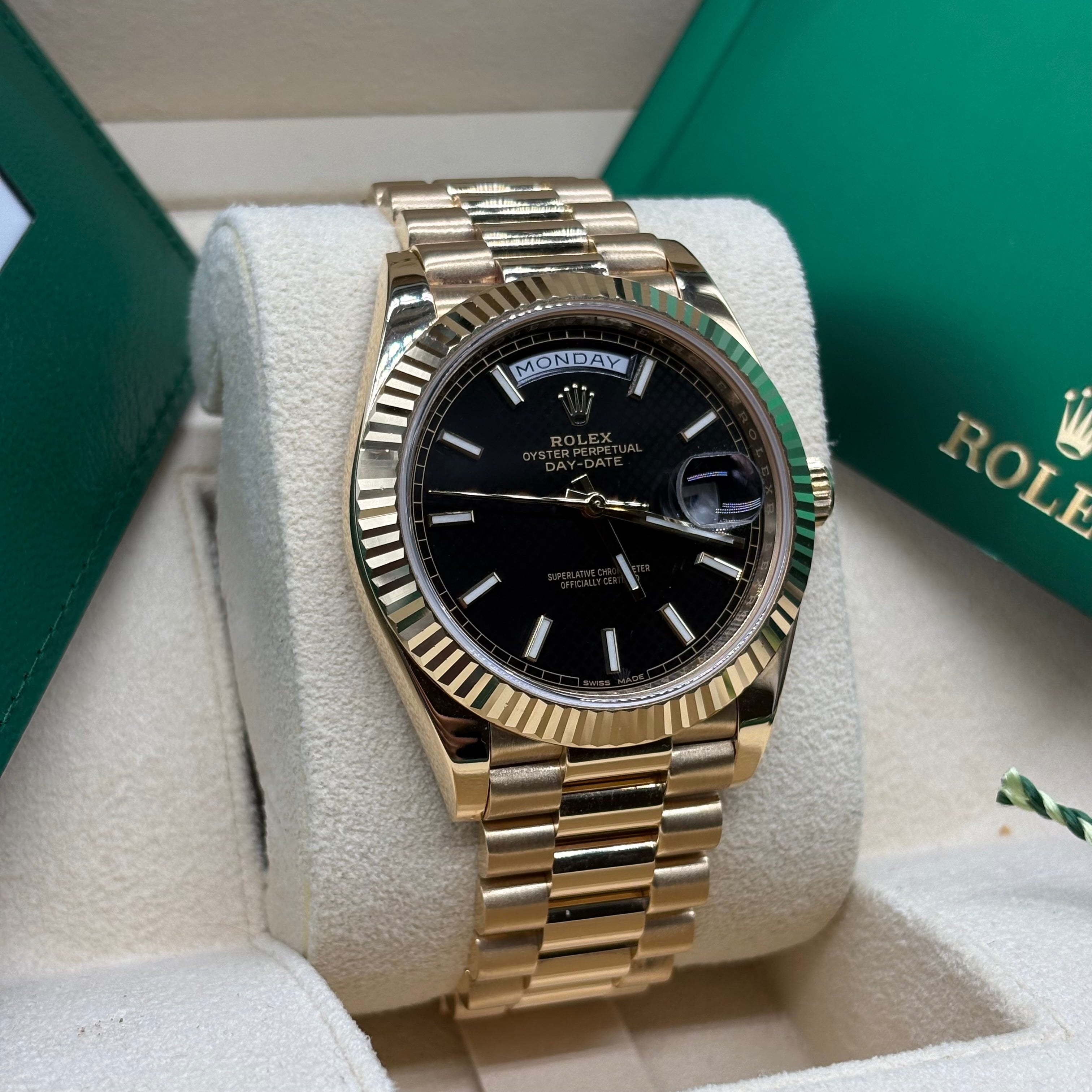 Rolex Day-Date 40 18K Yellow Gold Black Diagonal Motif Index Dial President Bracelet 228238 Full Set