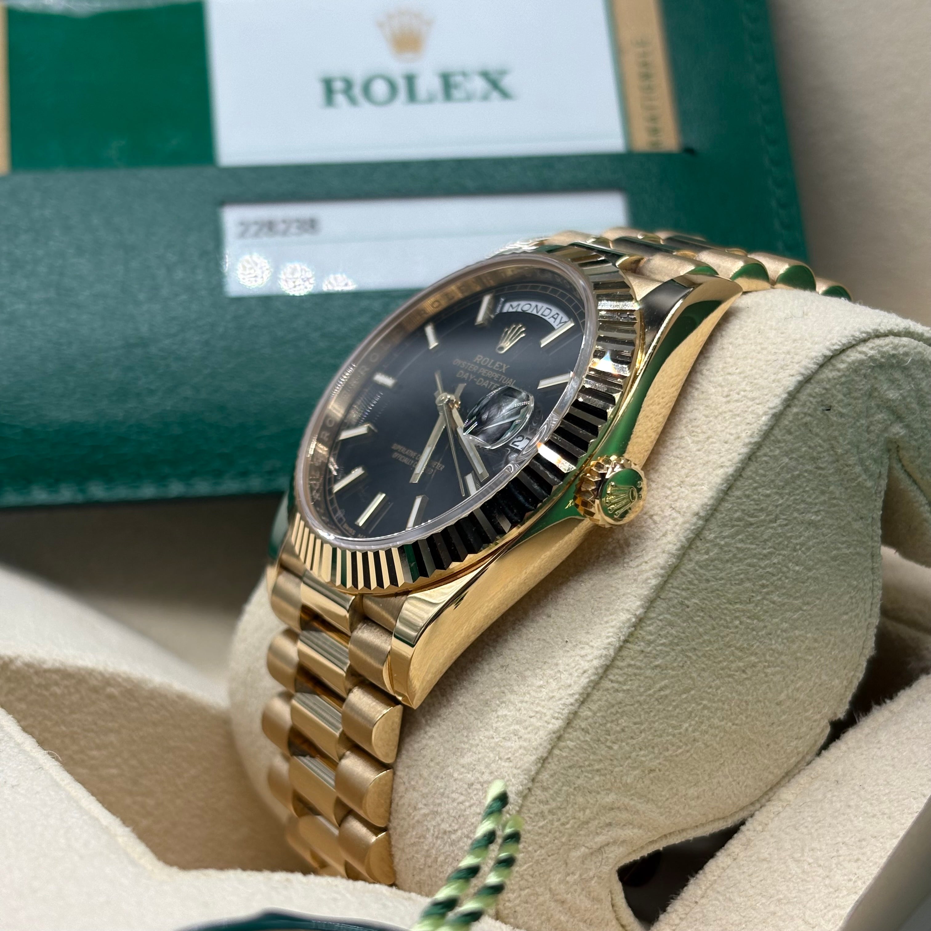 Rolex Day-Date 40 18K Yellow Gold Black Diagonal Motif Index Dial President Bracelet 228238 Full Set