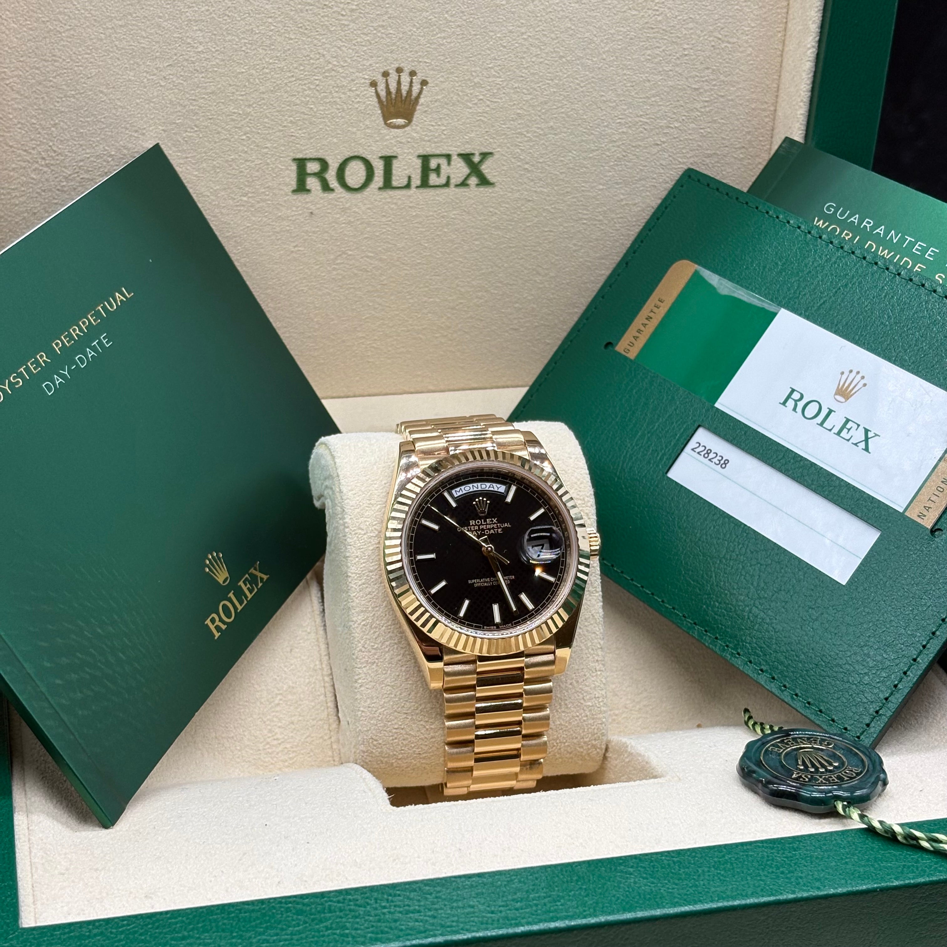 Rolex Day-Date 40 18K Yellow Gold Black Diagonal Motif Index Dial President Bracelet 228238 Full Set