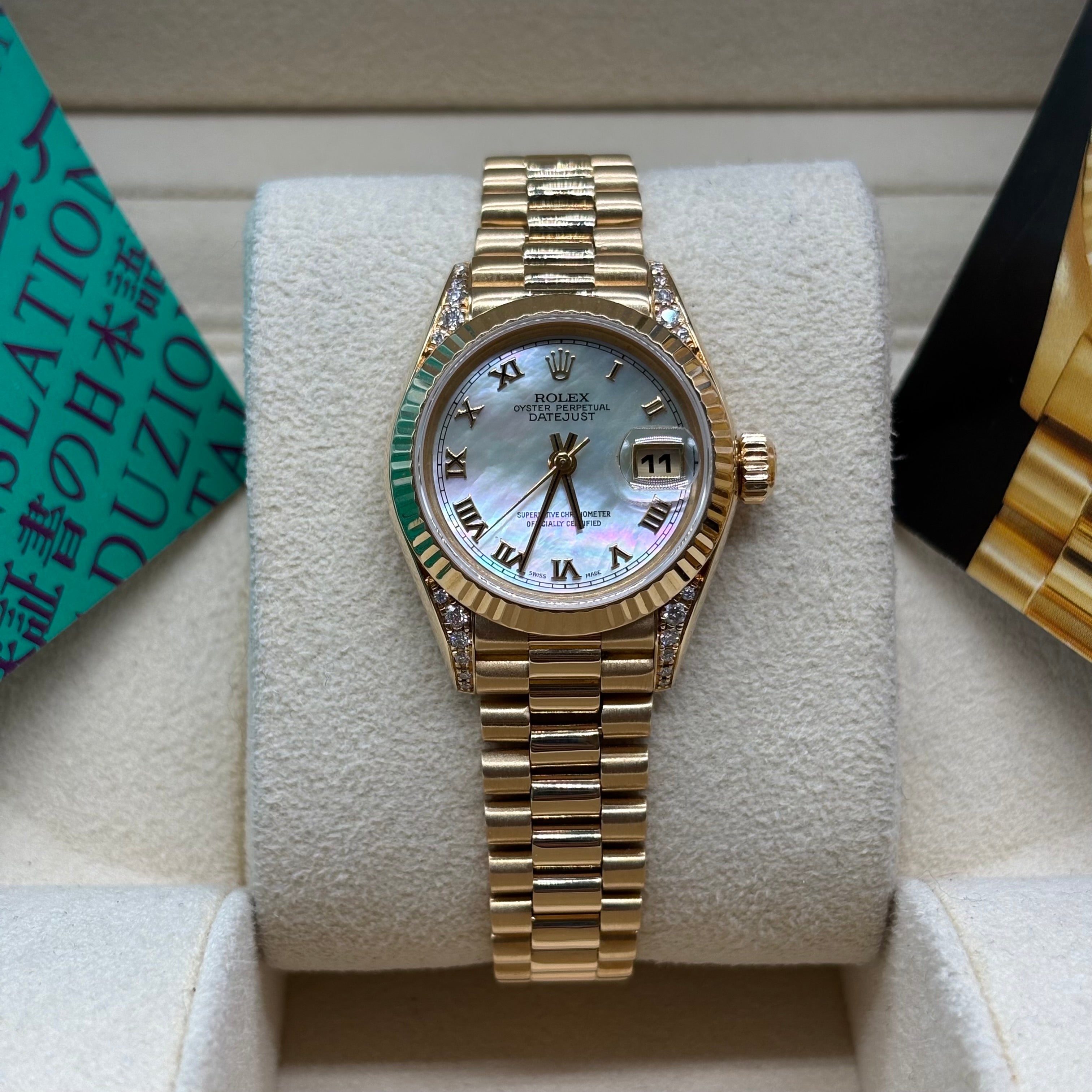 Rolex Lady-Datejust 18K Yellow Gold Mother of Pearl Roman Dial Diamond Lugs