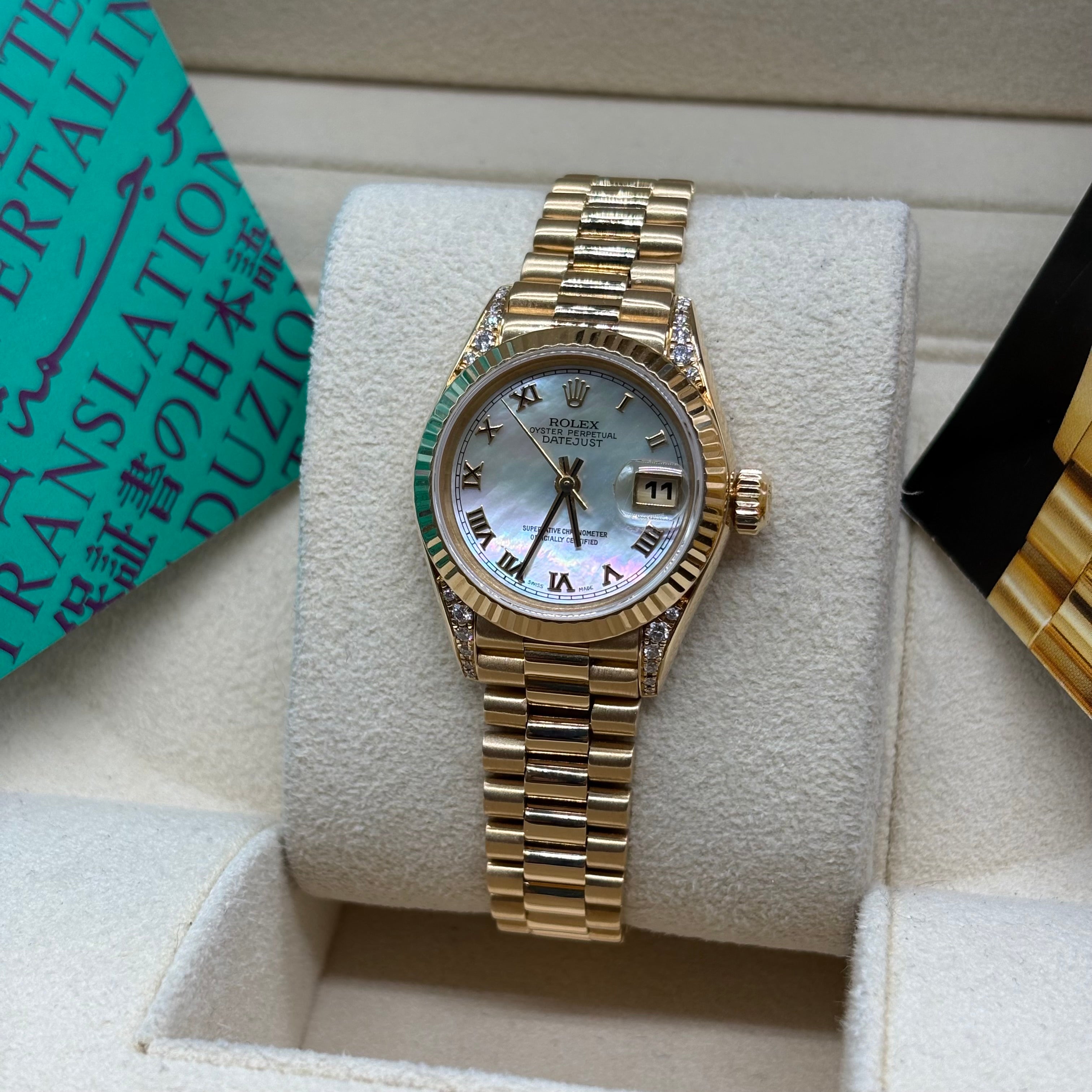 Rolex Lady-Datejust 18K Yellow Gold Mother of Pearl Roman Dial Diamond Lugs