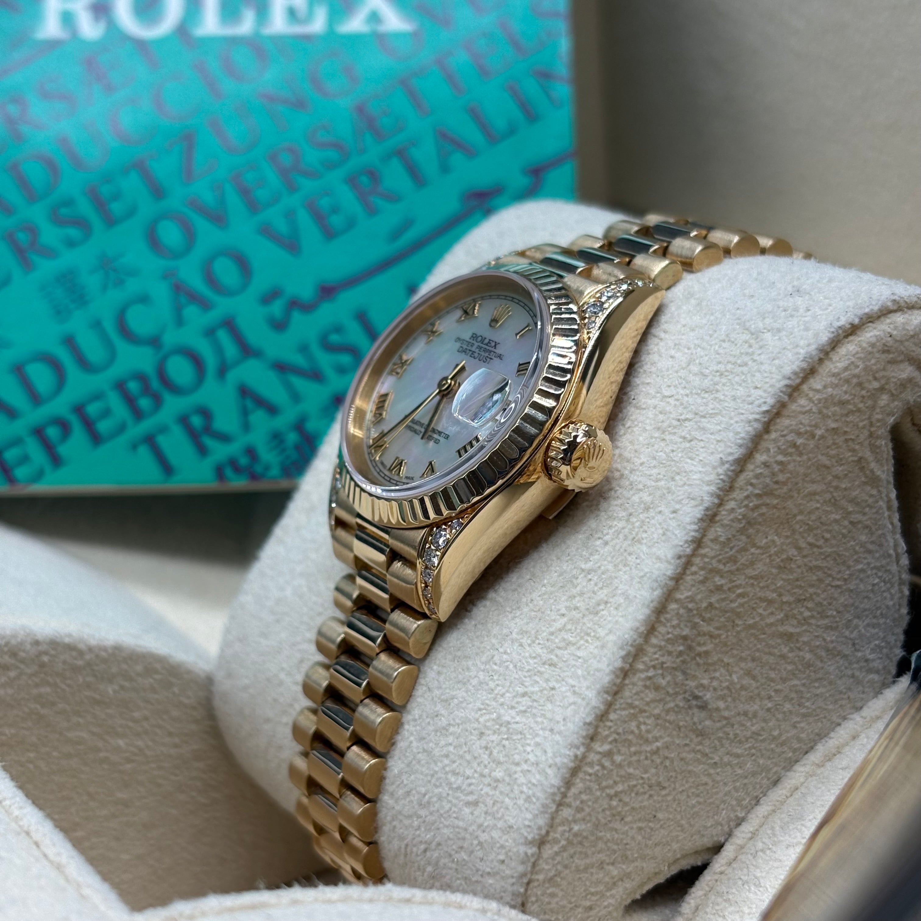 Rolex Lady-Datejust 18K Yellow Gold Mother of Pearl Roman Dial Diamond Lugs