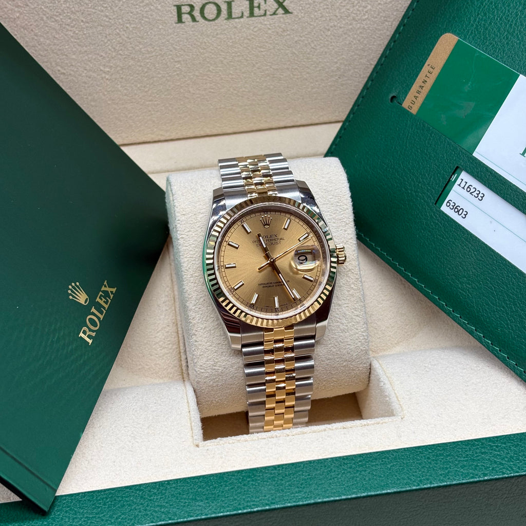 Rolex Datejust 36 Two-Tone Yellow Gold Champagne Index Dial Jubilee Bracelet 116233 Full Set