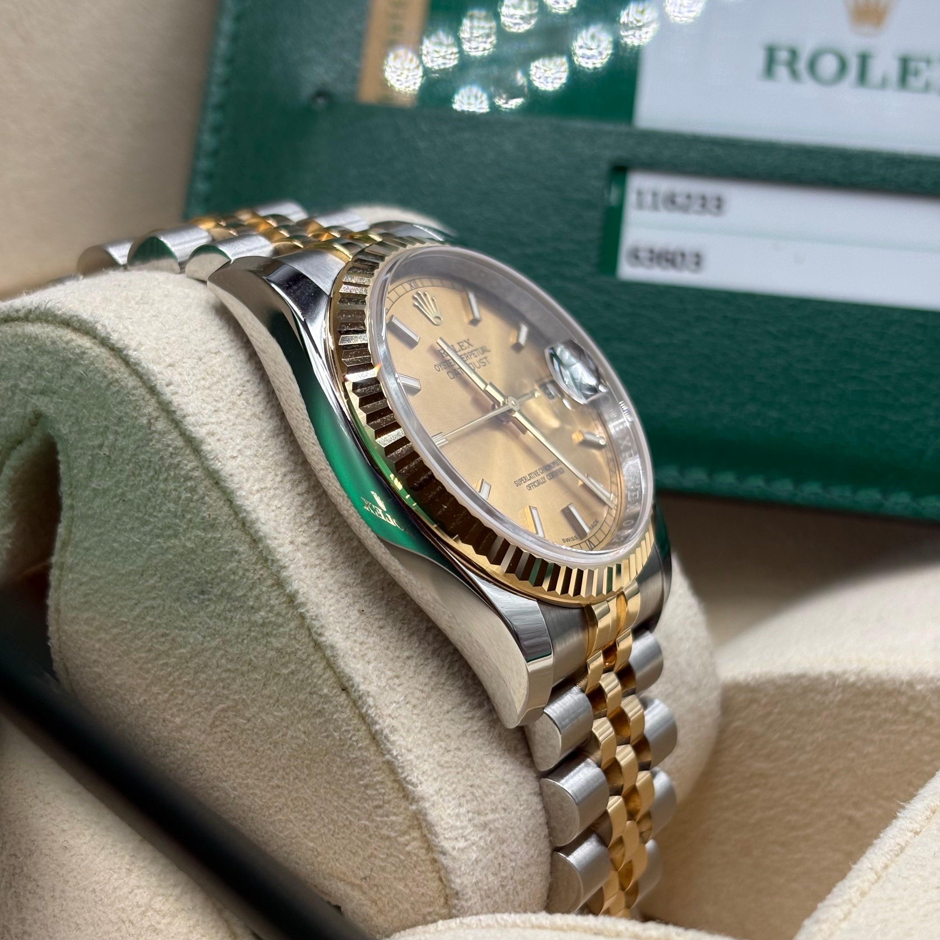 Rolex Datejust 36 Two-Tone Yellow Gold Champagne Index Dial Jubilee Bracelet 116233 Full Set
