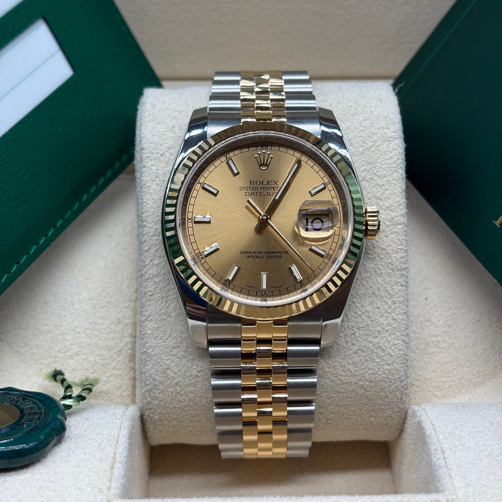 Rolex Datejust 36 Two-Tone Yellow Gold Champagne Index Dial Jubilee Bracelet 116233 Full Set