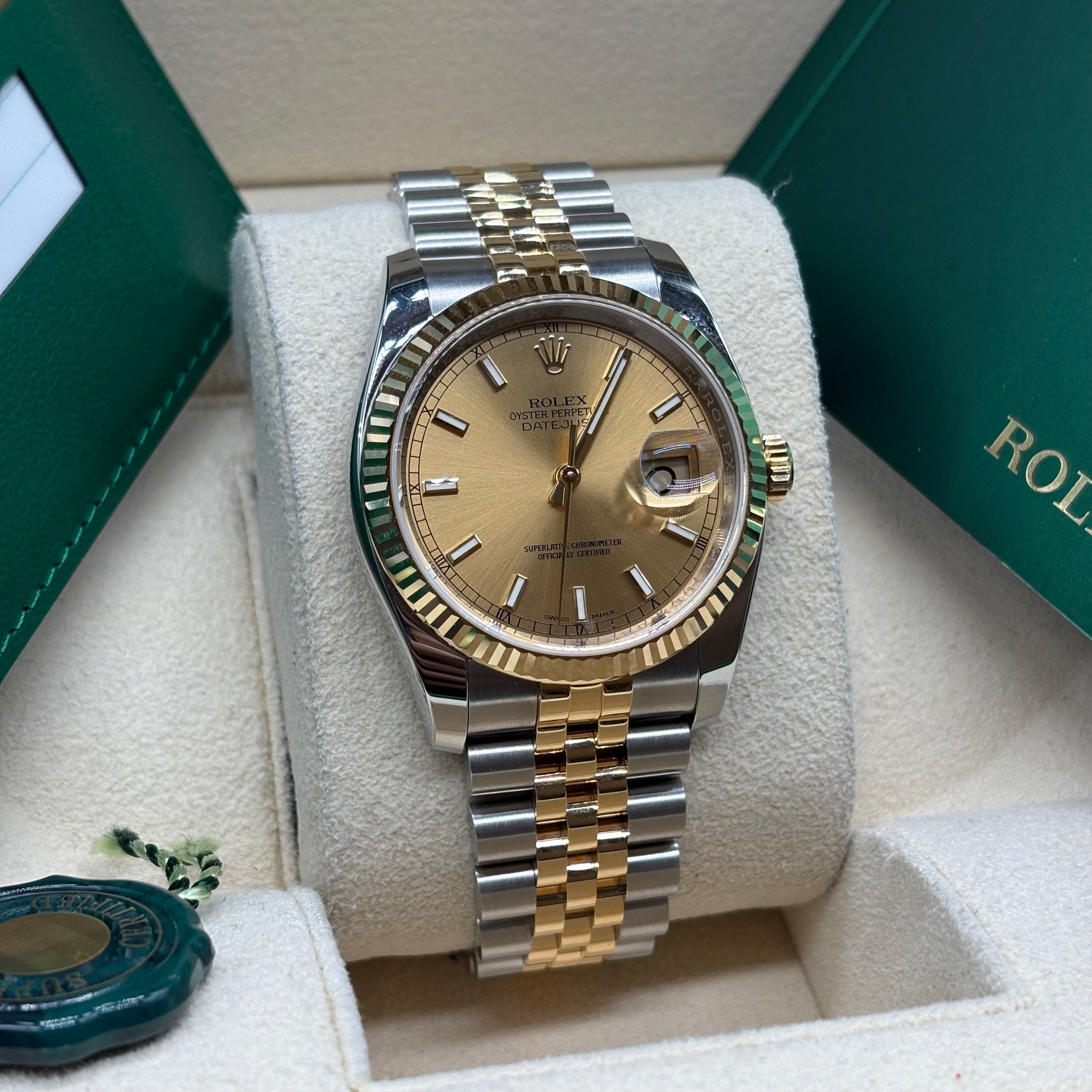 Rolex Datejust 36 Two-Tone Yellow Gold Champagne Index Dial Jubilee Bracelet 116233 Full Set