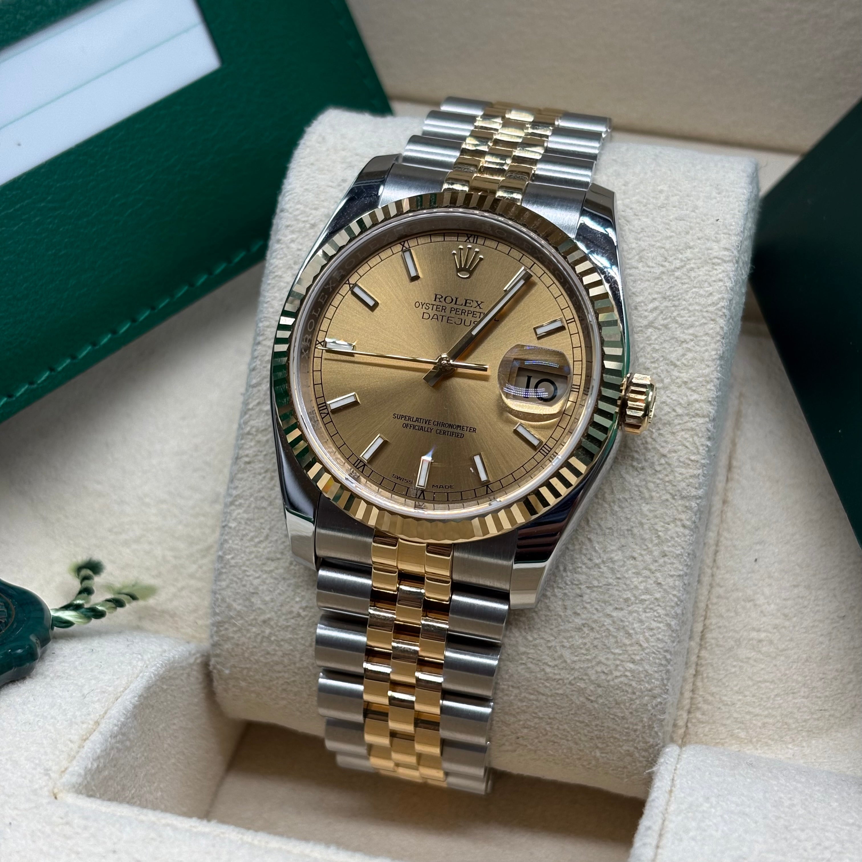 Rolex Datejust 36 Two-Tone Yellow Gold Champagne Index Dial Jubilee Bracelet 116233 Full Set