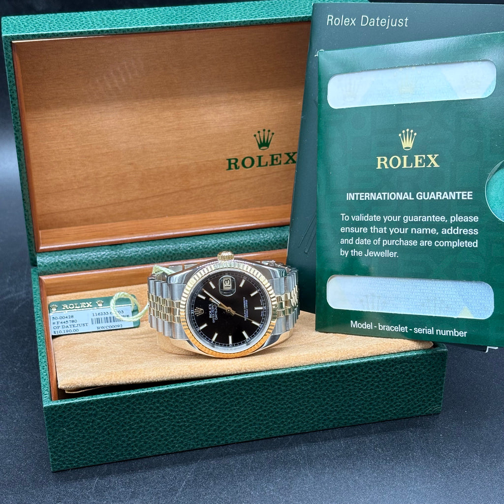 Rolex Datejust 36mm Two Tone Black Dial 116233 Complete Set