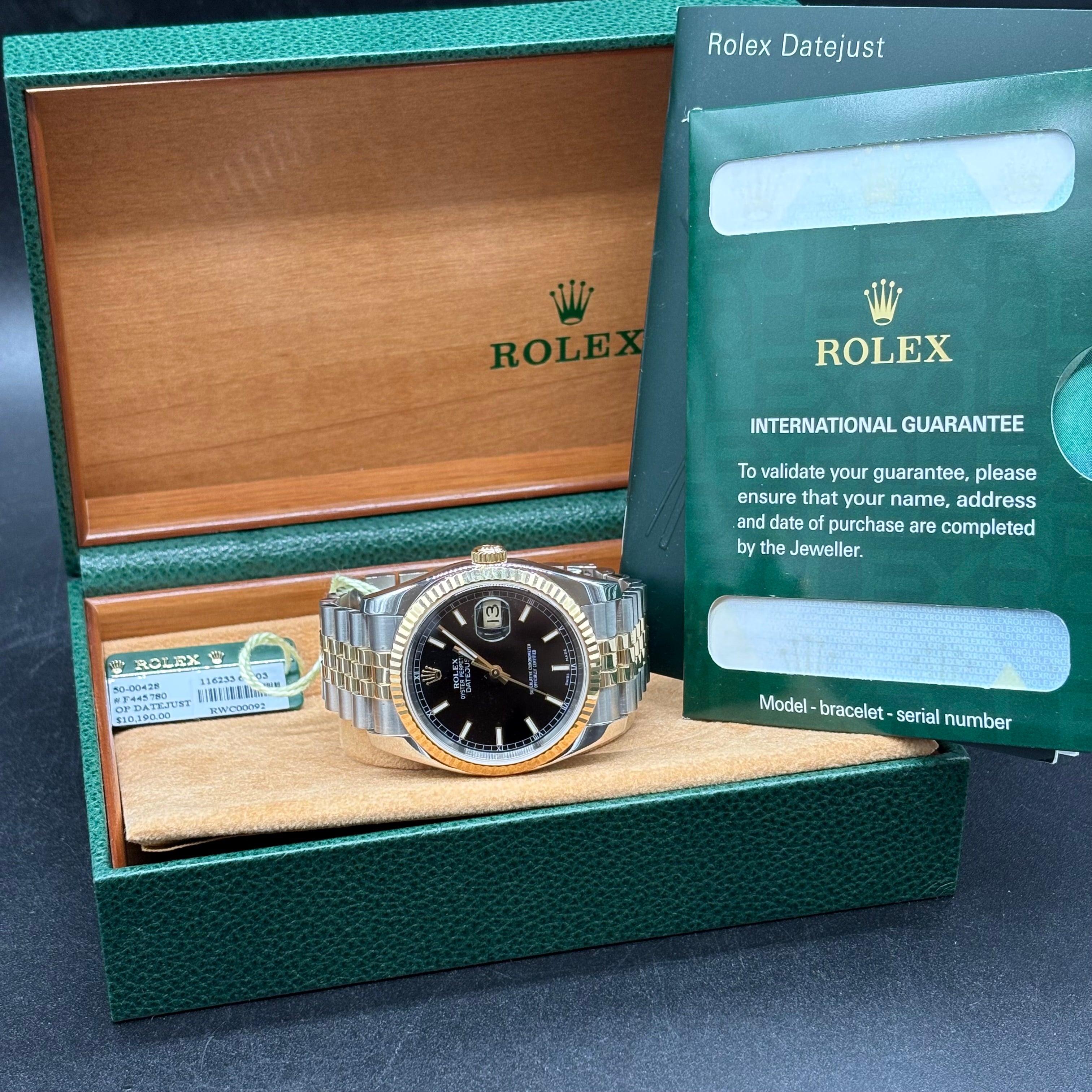 Rolex Datejust 36mm Two Tone Black Dial 116233 Complete Set