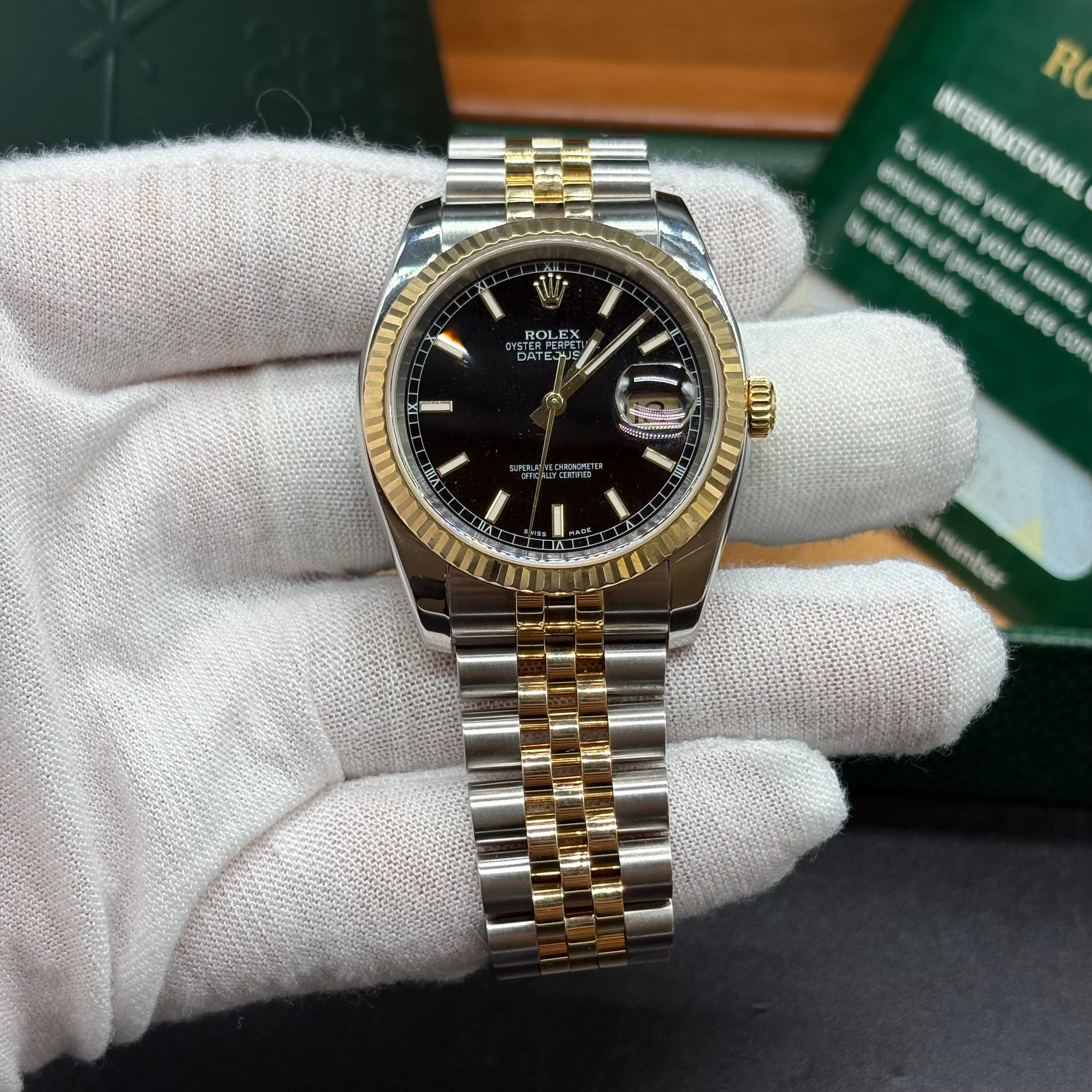 Rolex Datejust 36mm Two Tone Black Dial 116233 Complete Set