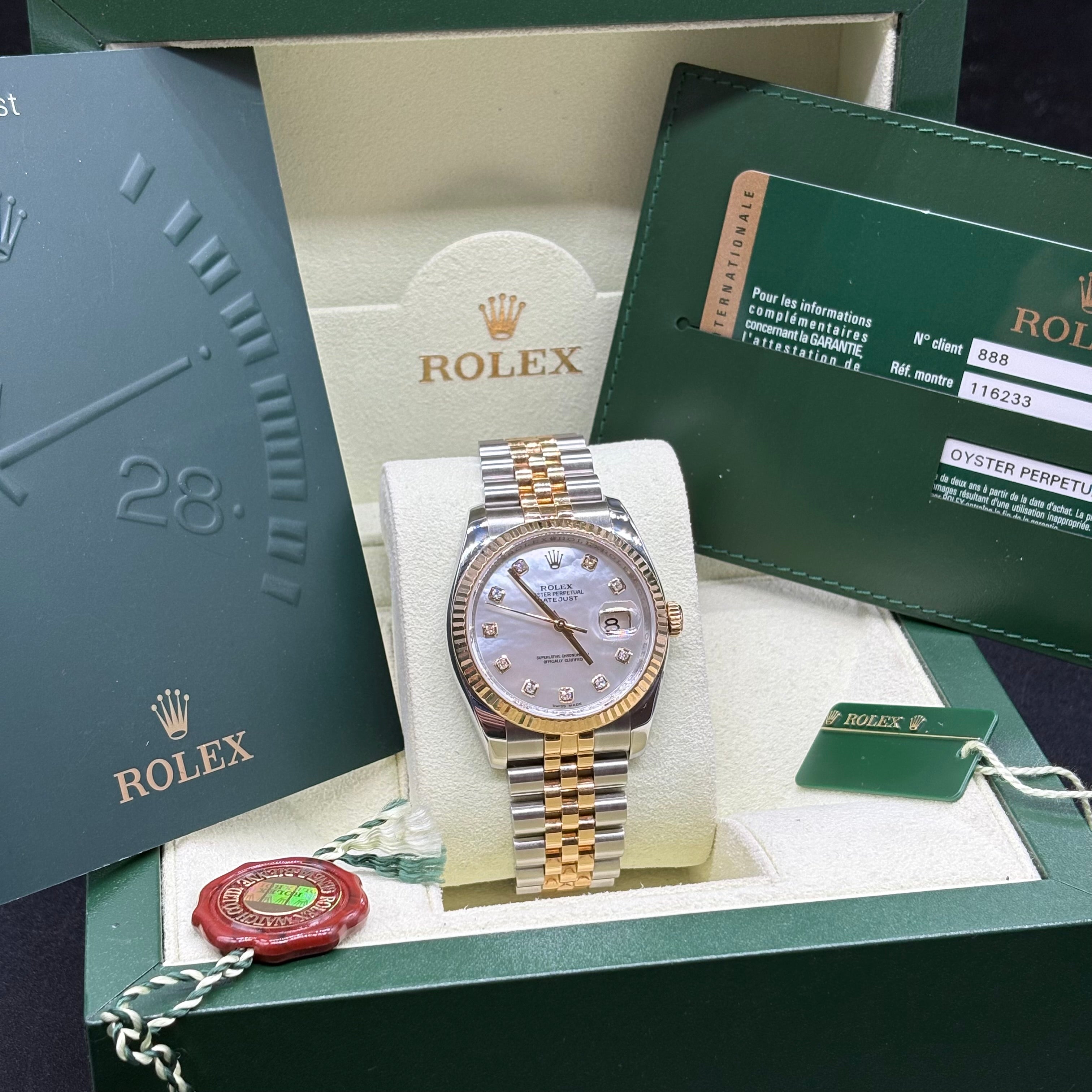 Rolex Datejust 36mm Two Tone Factory Mother Of Pearl Diamond Dial 116233 Complete Set
