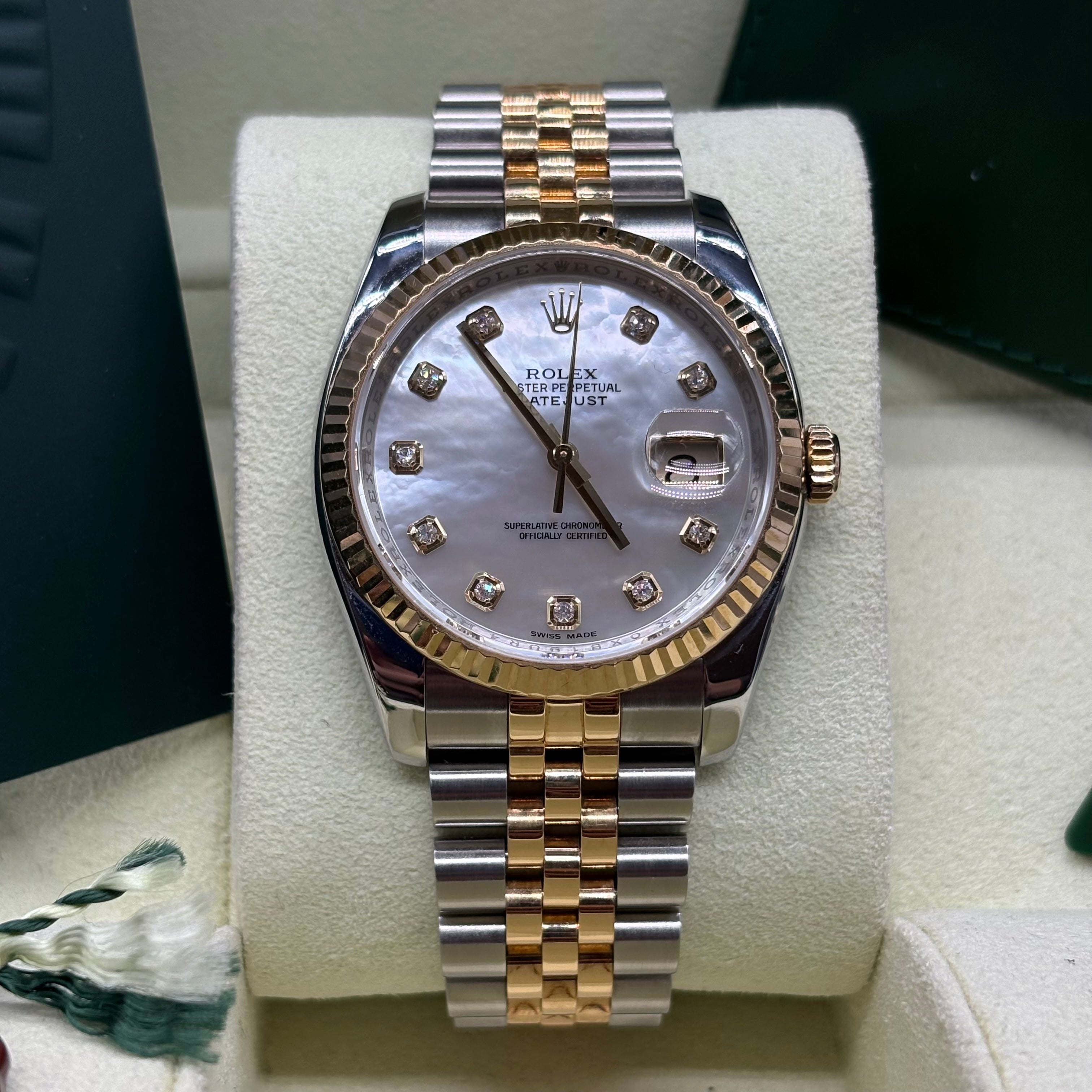 Rolex Datejust 36mm Two Tone Factory Mother Of Pearl Diamond Dial 116233 Complete Set
