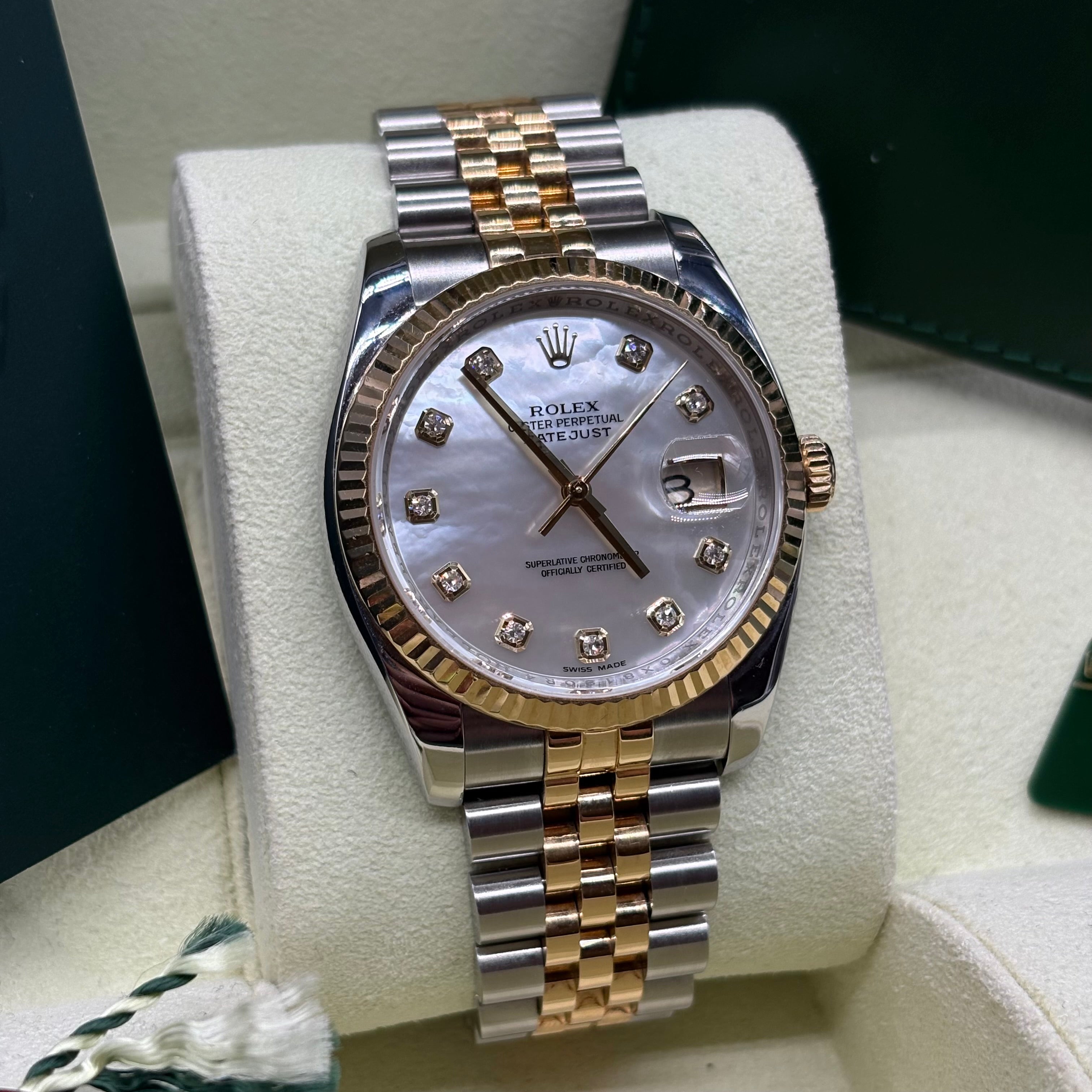 Rolex Datejust 36mm Two Tone Factory Mother Of Pearl Diamond Dial 116233 Complete Set