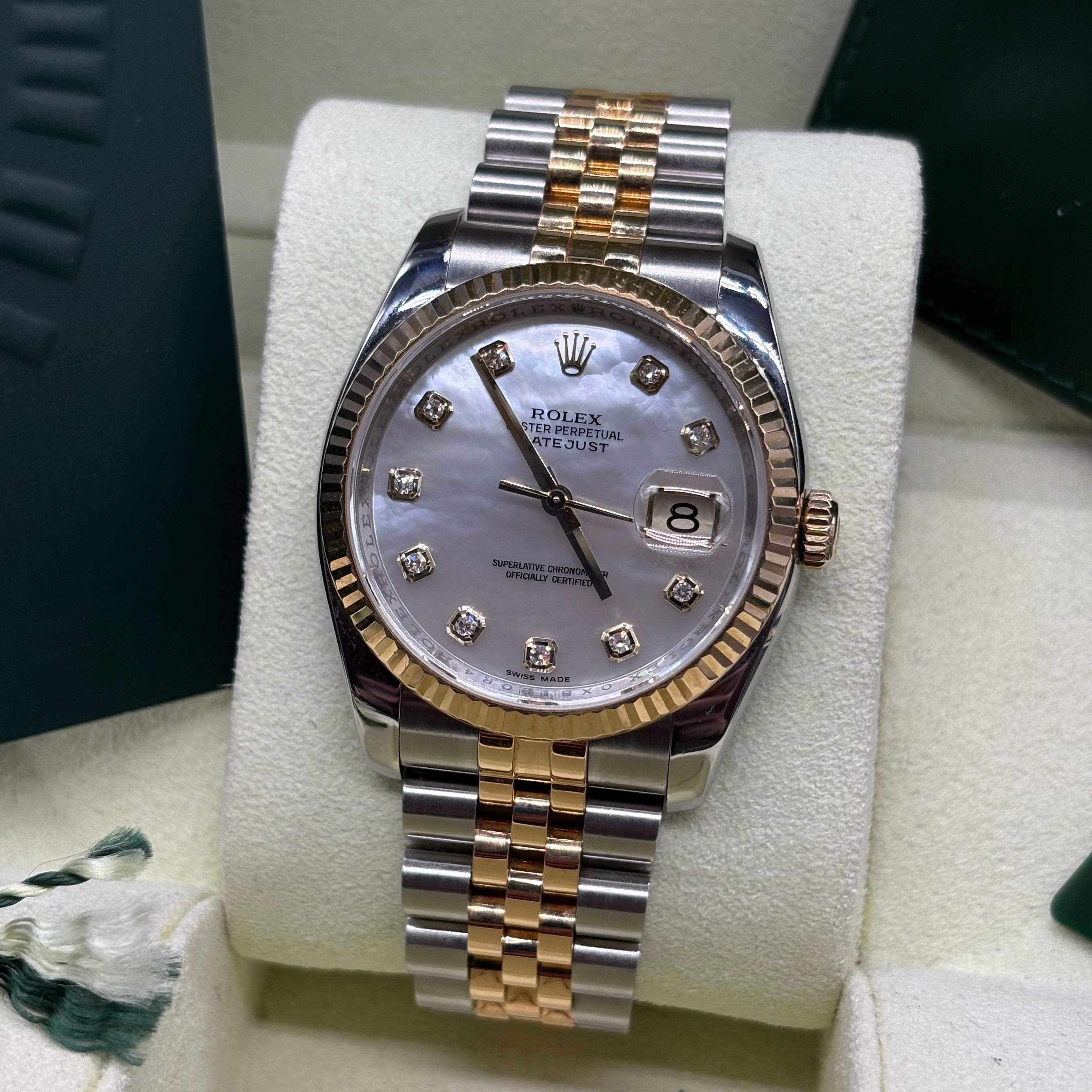 Rolex Datejust 36mm Two Tone Factory Mother Of Pearl Diamond Dial 116233 Complete Set