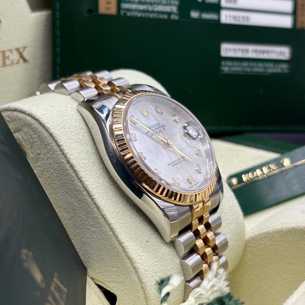 Rolex Datejust 36mm Two Tone Factory Mother Of Pearl Diamond Dial 116233 Complete Set