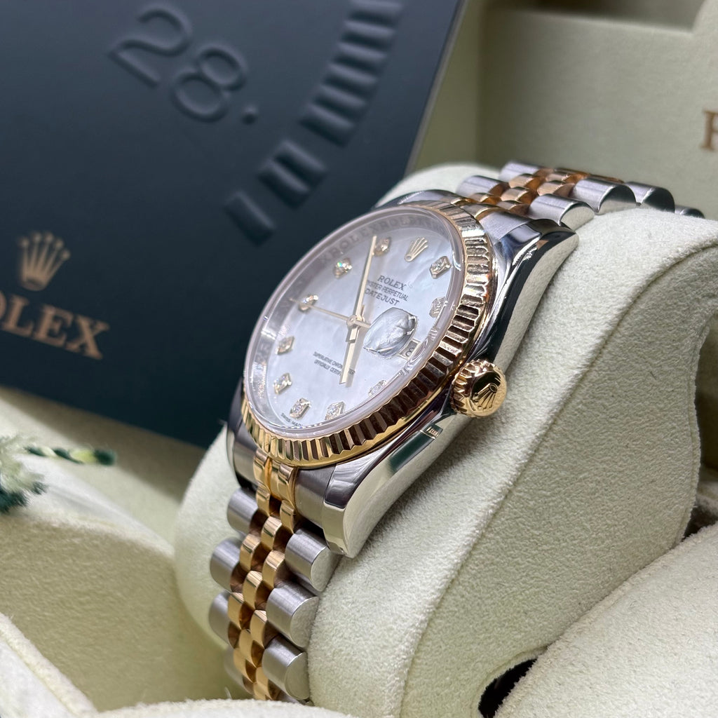 Rolex Datejust 36mm Two Tone Factory Mother Of Pearl Diamond Dial 116233 Complete Set