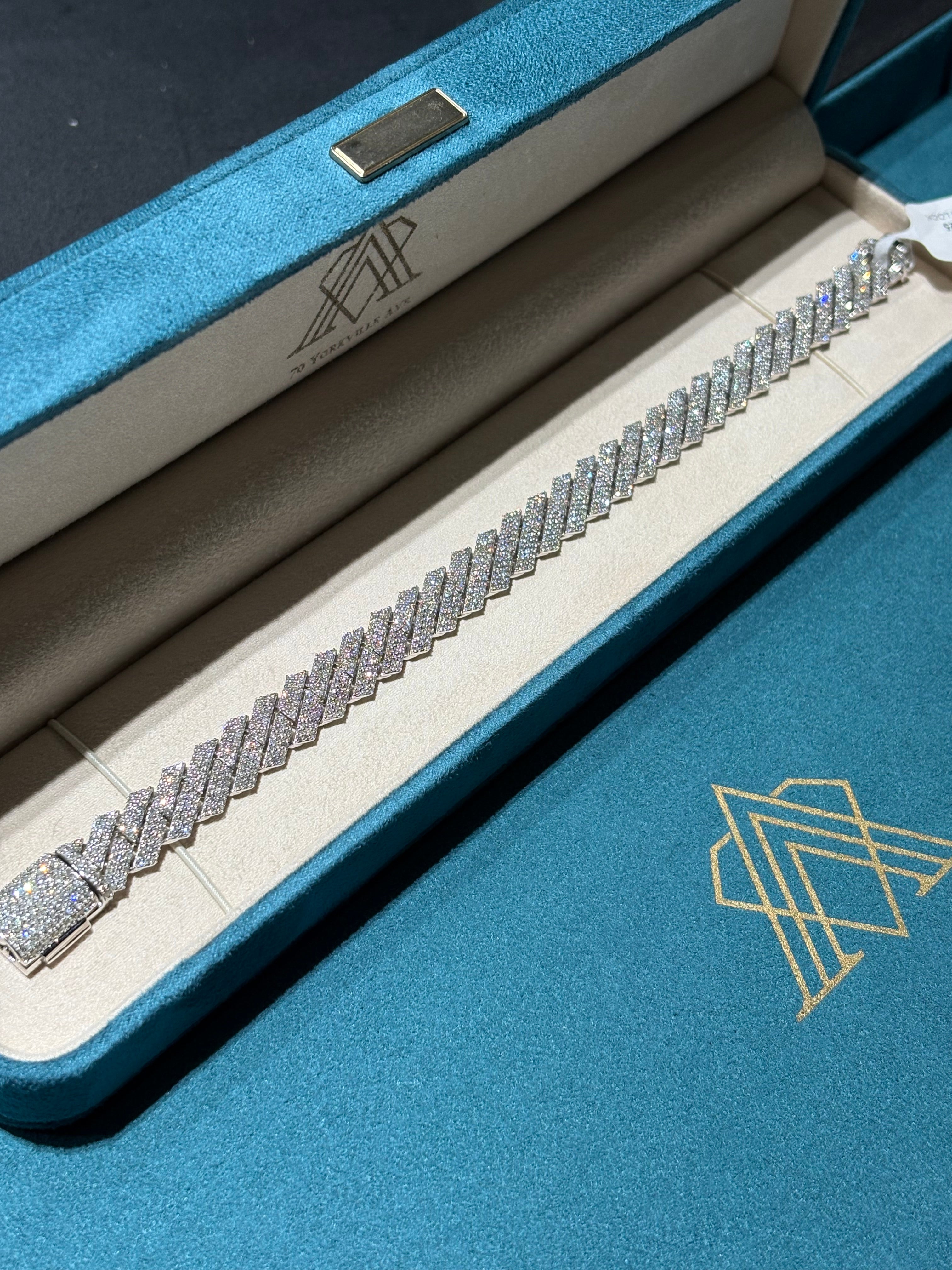 10K White Gold Flat Geometric Pave Diamond Cuban Link Bracelet