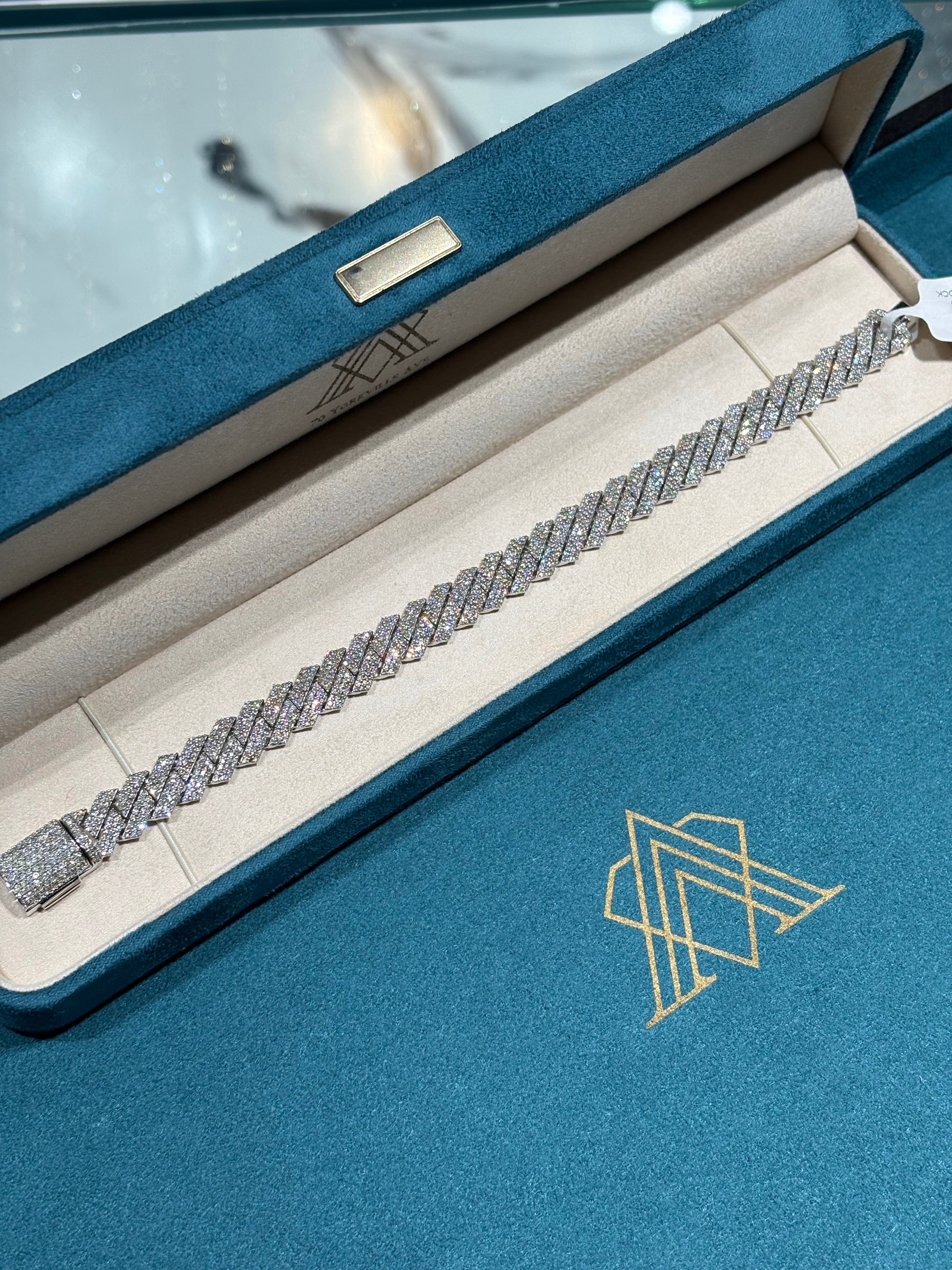 10K White Gold Flat Geometric Pave Diamond Cuban Link Bracelet