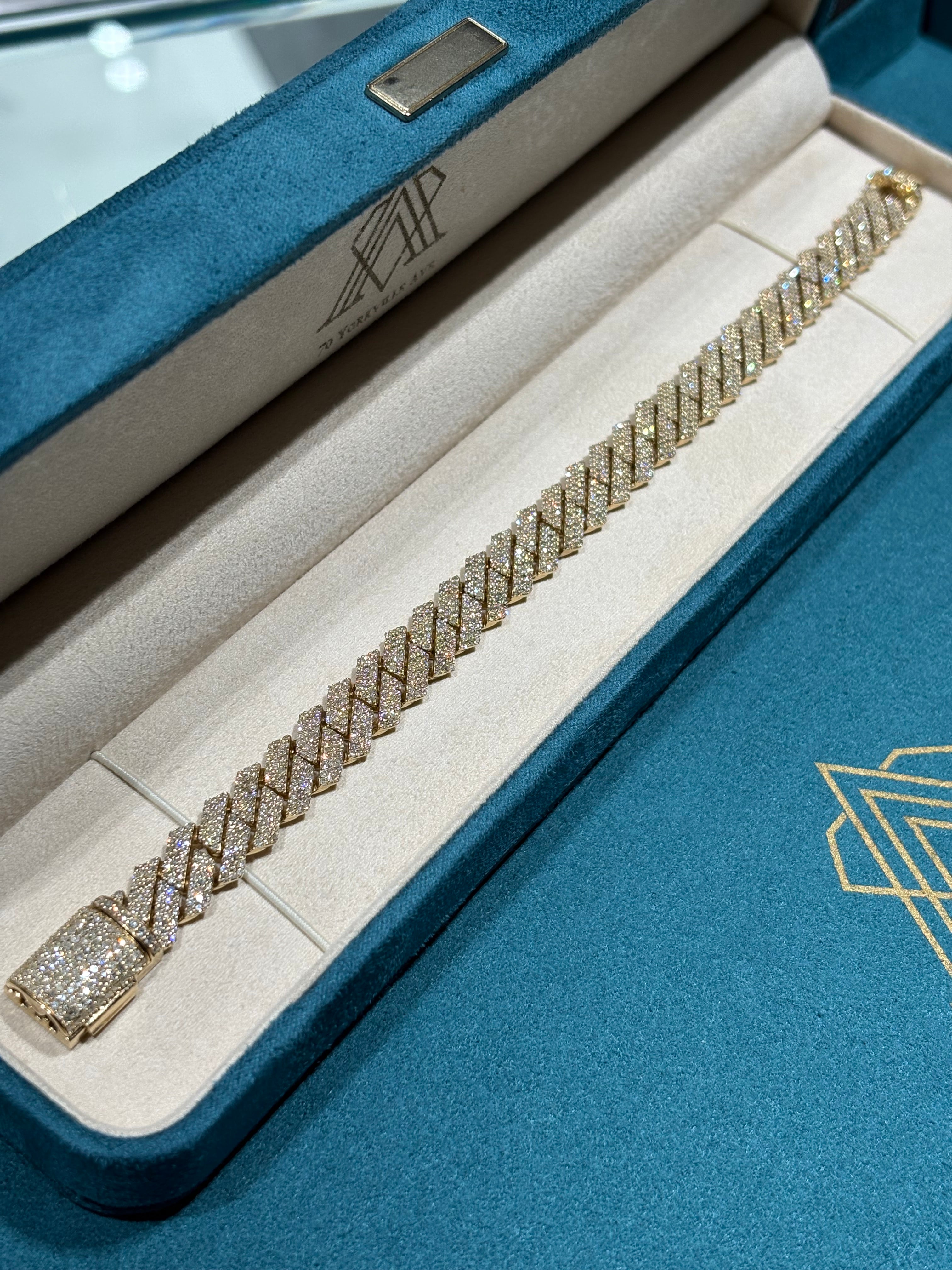 10K Yellow Gold Flat Geometric Pave Diamond Cuban Link Bracelet
