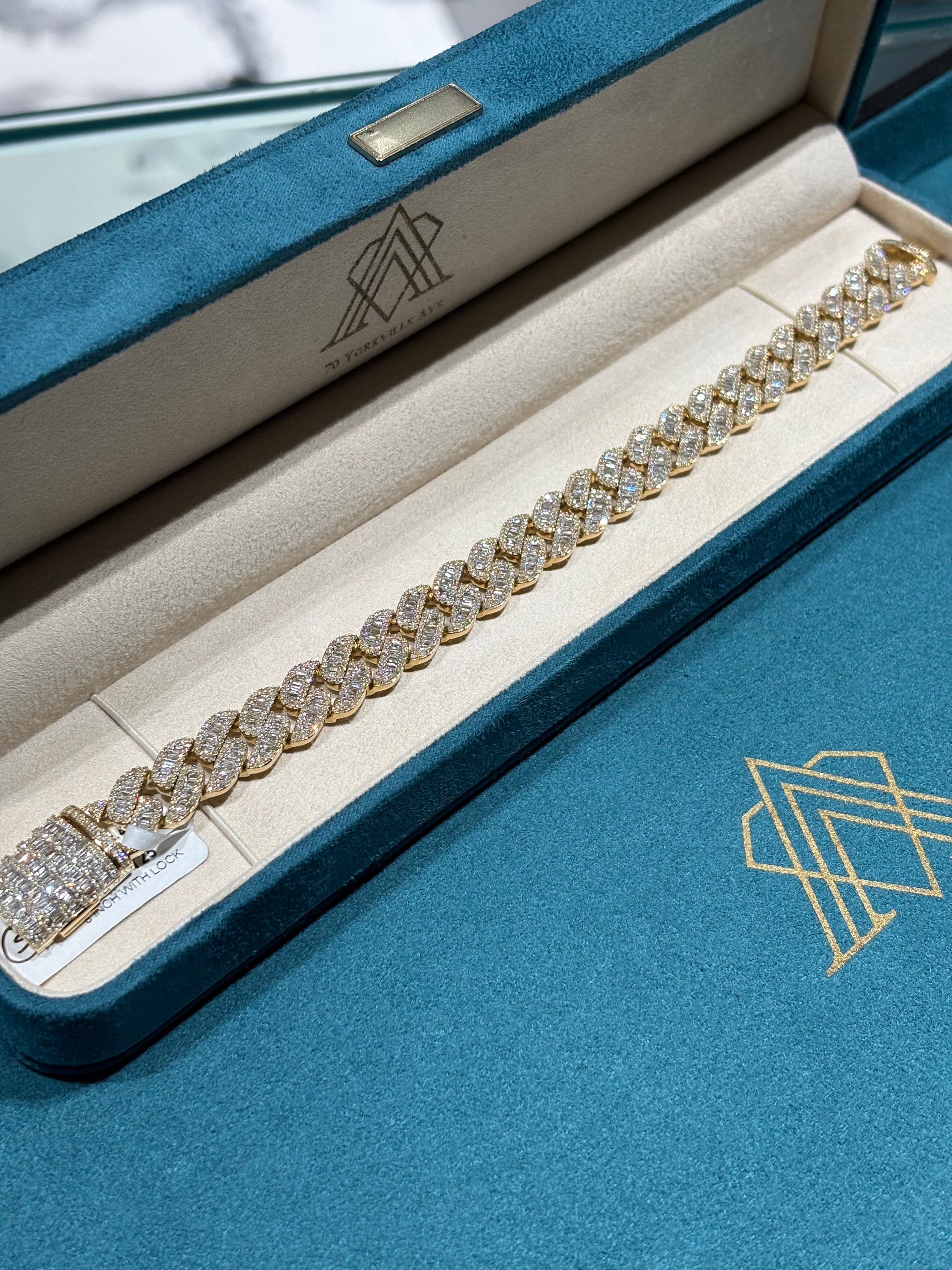 10K Yellow Gold Wide Baguette & Round Diamond Cuban Link Bracelet