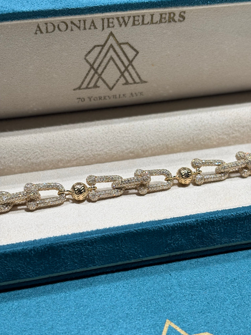 10K Yellow Gold Pave Diamond Paperclip and Ball Station Bracelet
