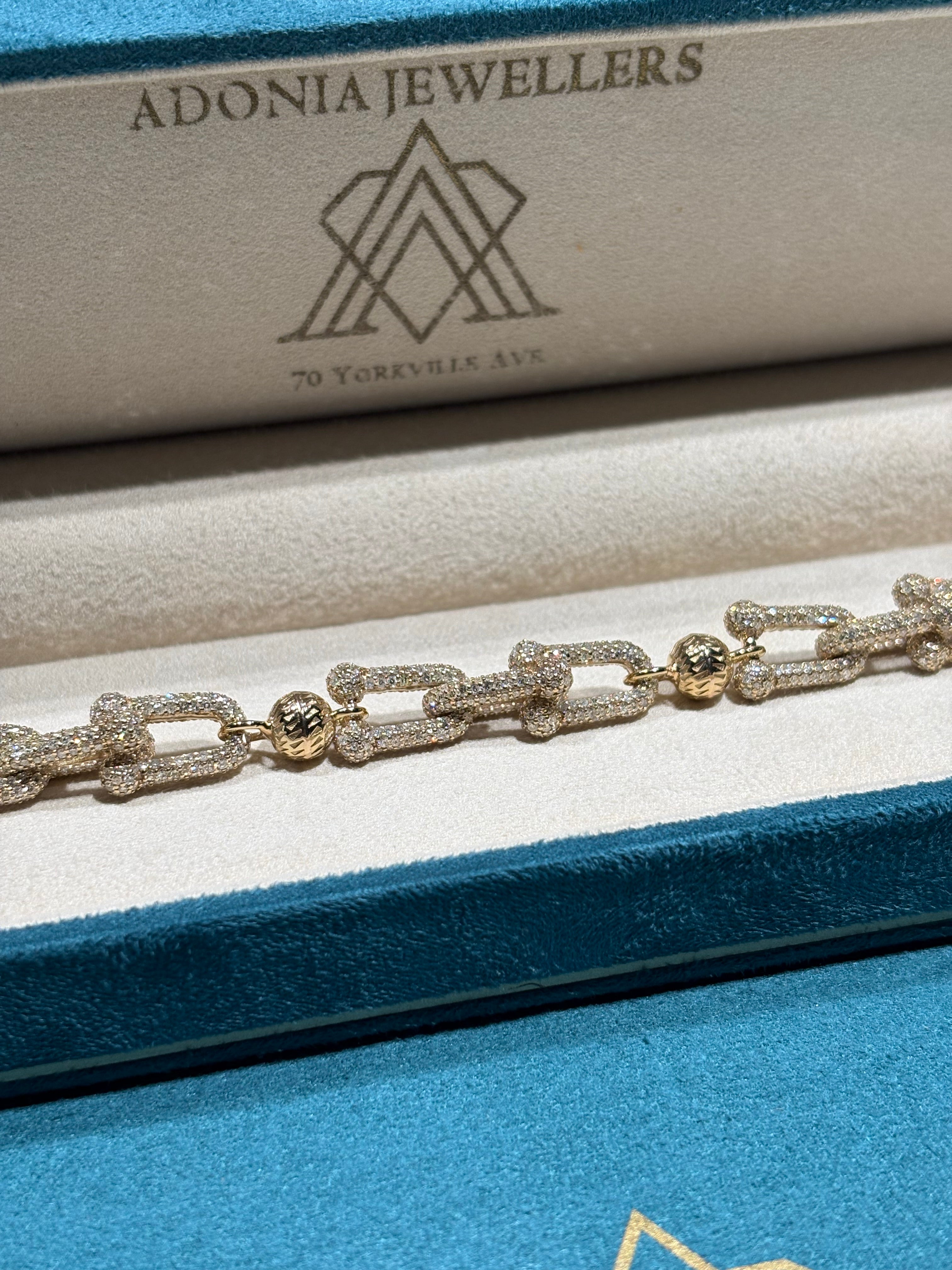 10K Yellow Gold Pave Diamond Paperclip and Ball Station Bracelet