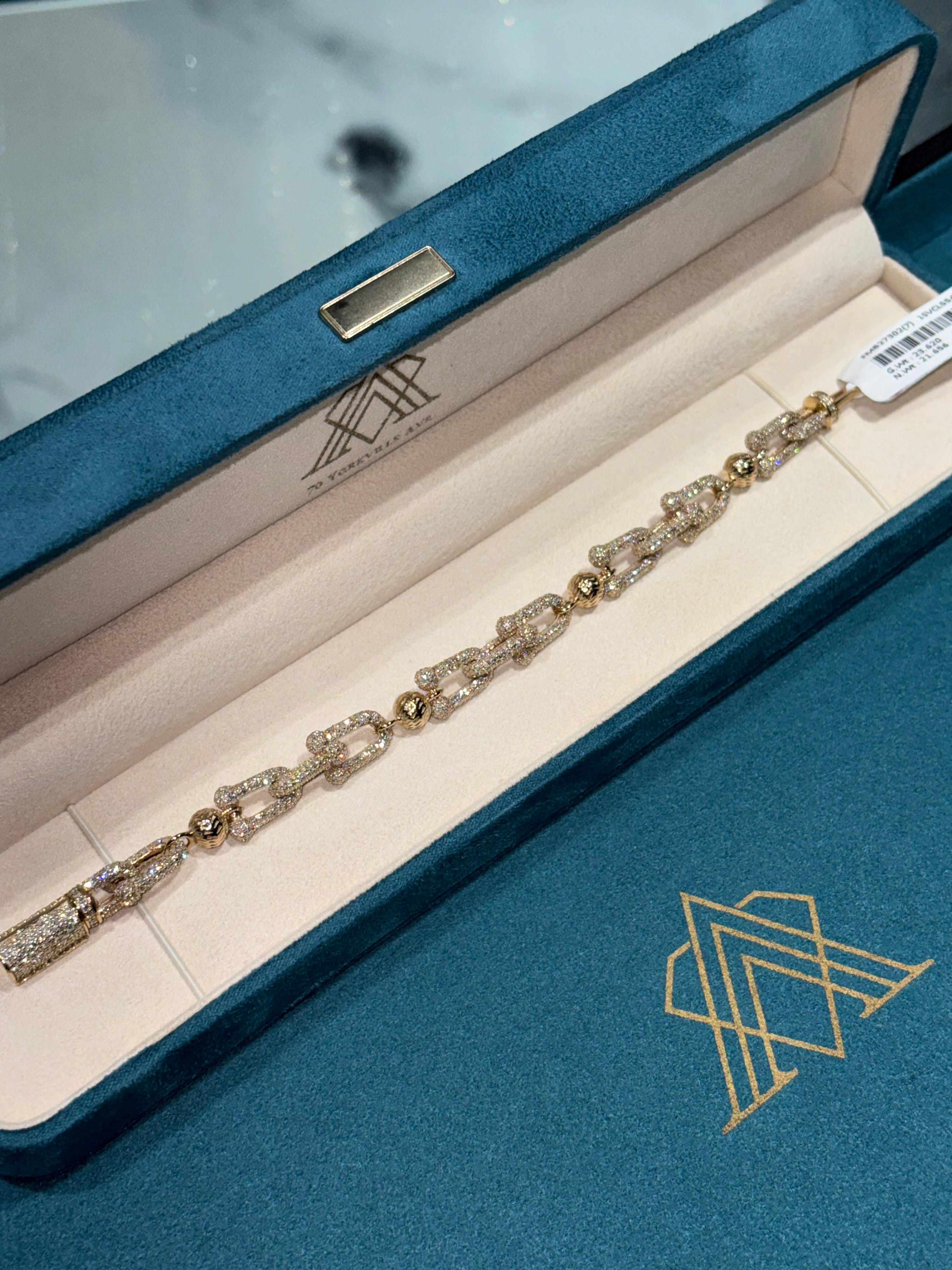 10K Yellow Gold Pave Diamond Paperclip and Ball Station Bracelet