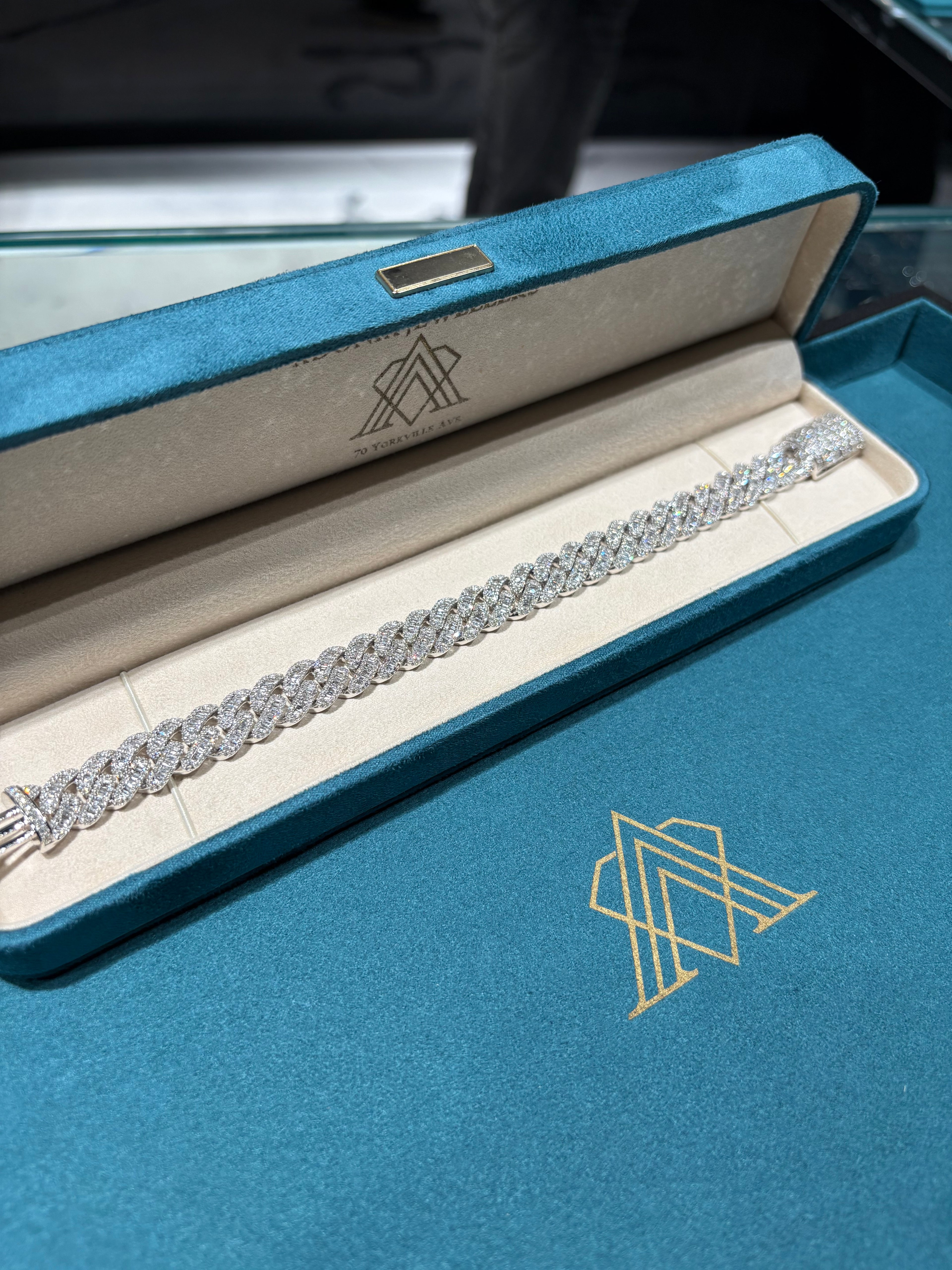 10K White Gold Baguette and Round Diamond Cuban Link Bracelet