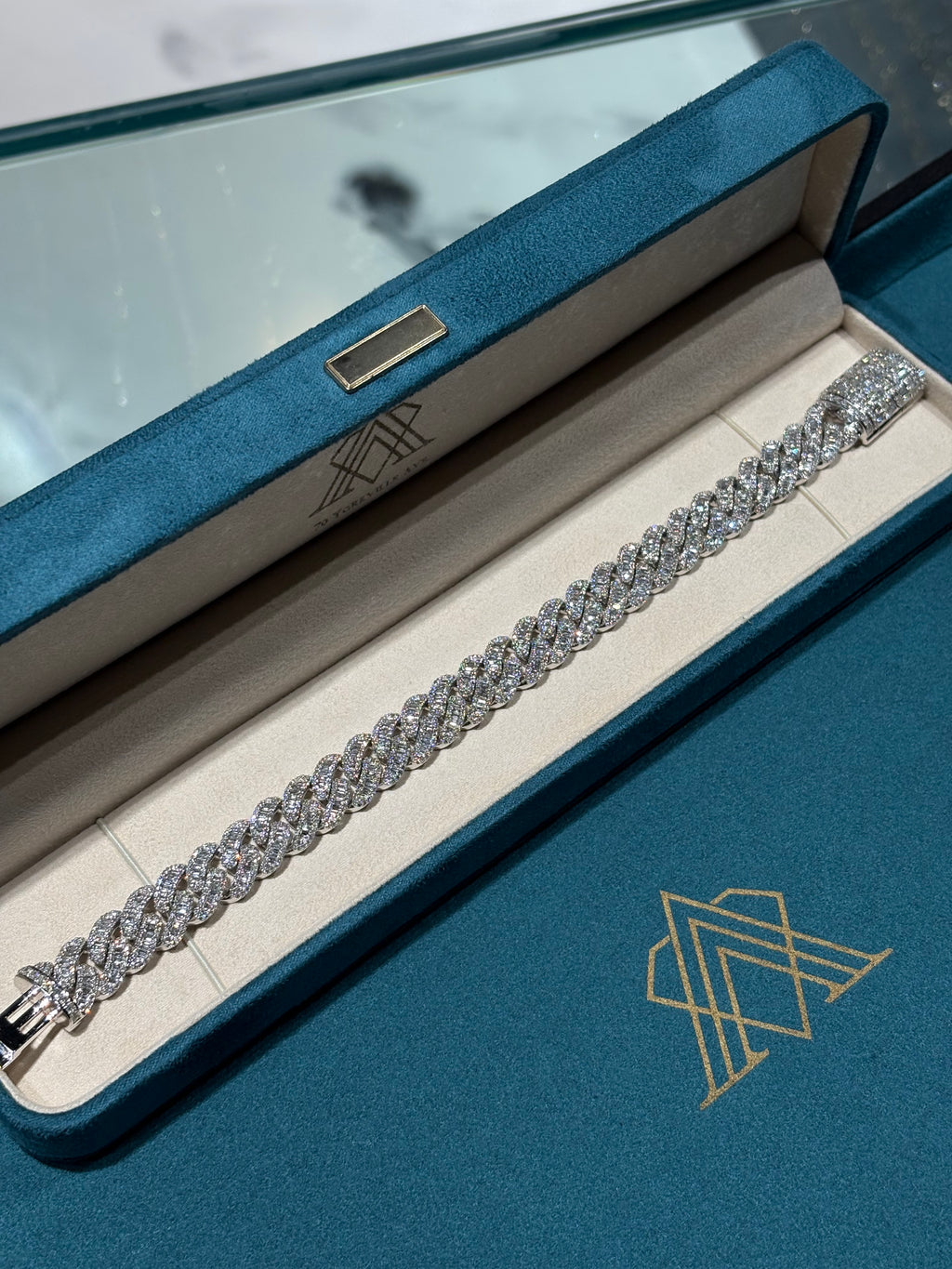 10K White Gold Baguette and Round Diamond Cuban Link Bracelet