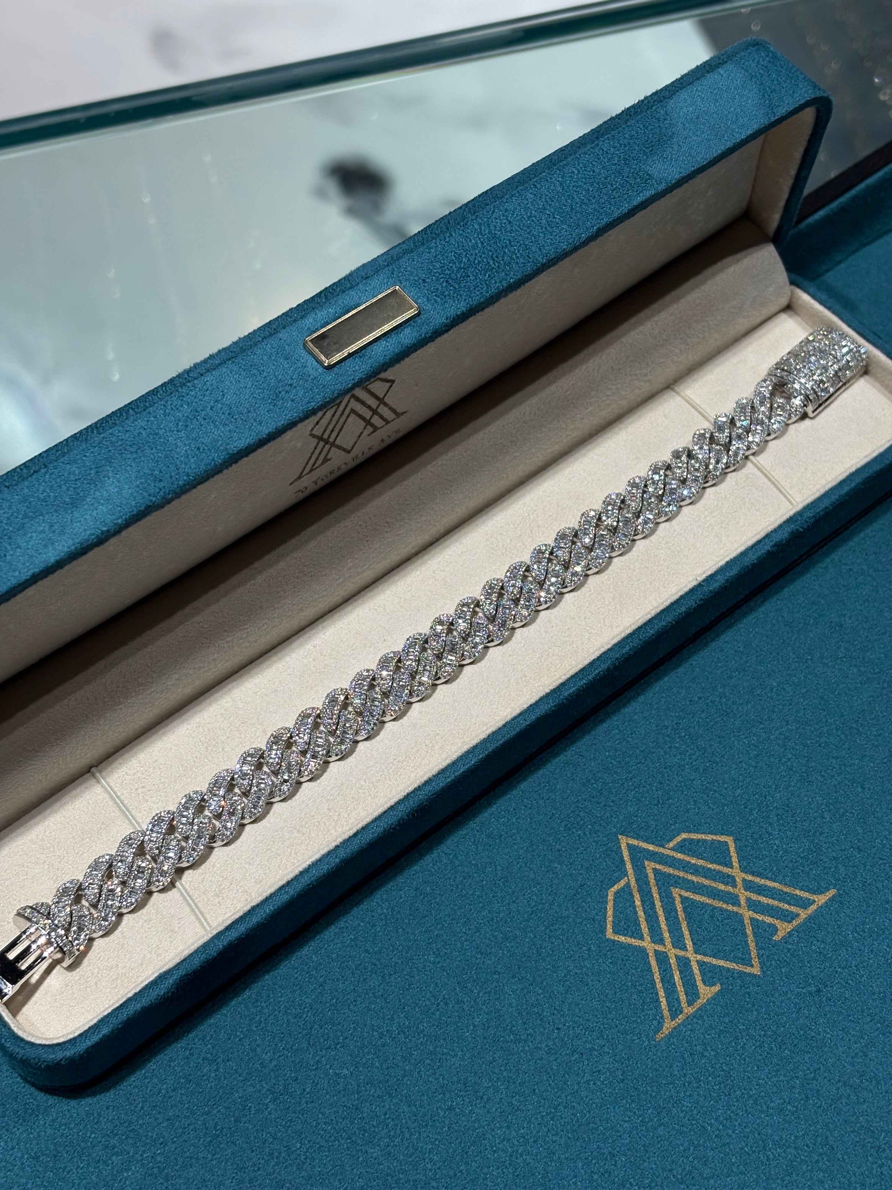 10K White Gold Baguette and Round Diamond Cuban Link Bracelet