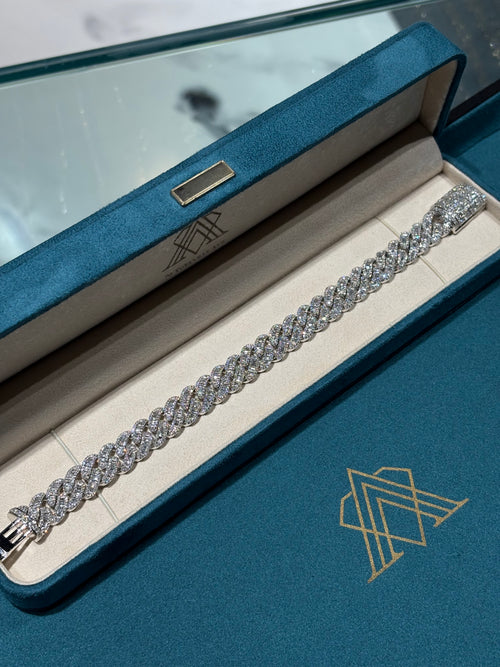 10K White Gold Baguette and Round Diamond Cuban Link Bracelet