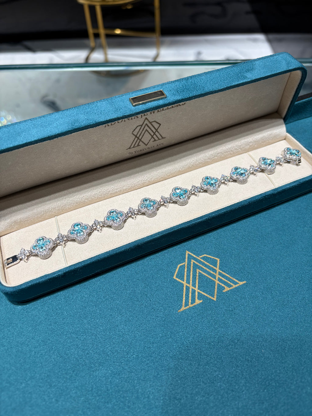 10K White Gold Blue Topaz and Diamond Clover Station Bracelet