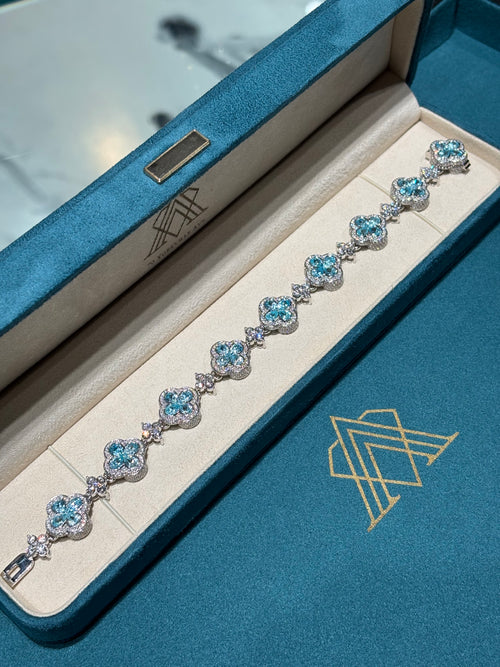 10K White Gold Blue Topaz and Diamond Clover Station Bracelet