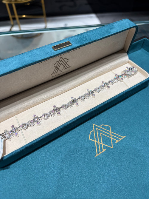 10K White Gold Marquise Diamond and Pink Sapphire Cross Bracelet