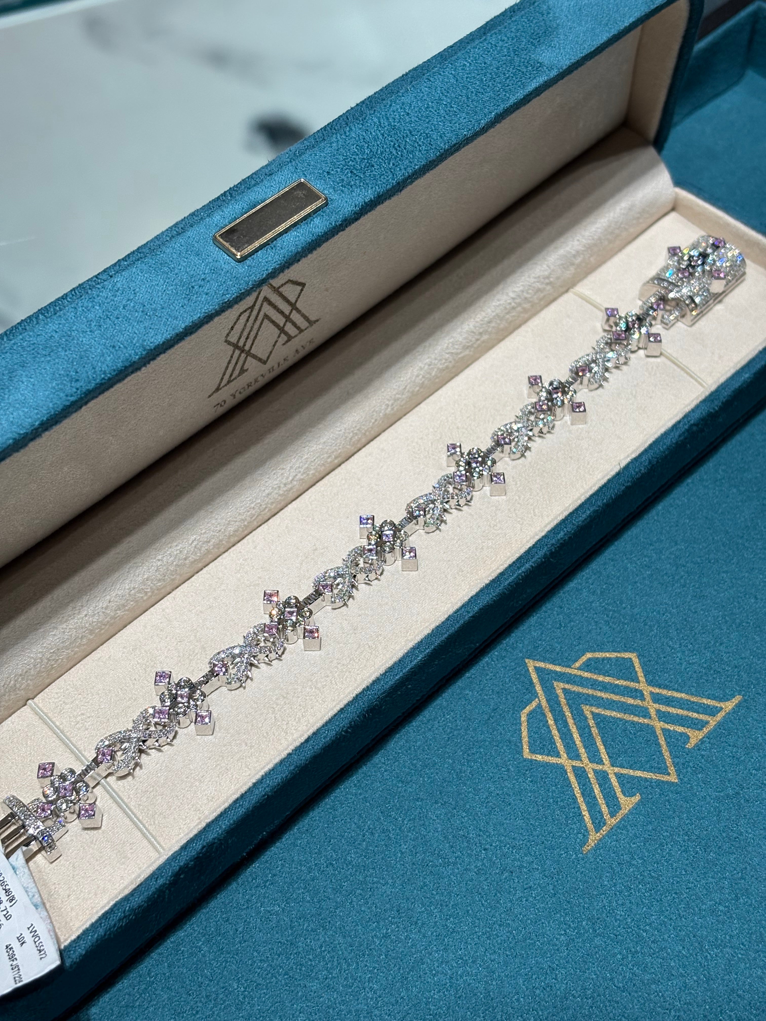 10K White Gold Marquise Diamond and Pink Sapphire Cross Bracelet
