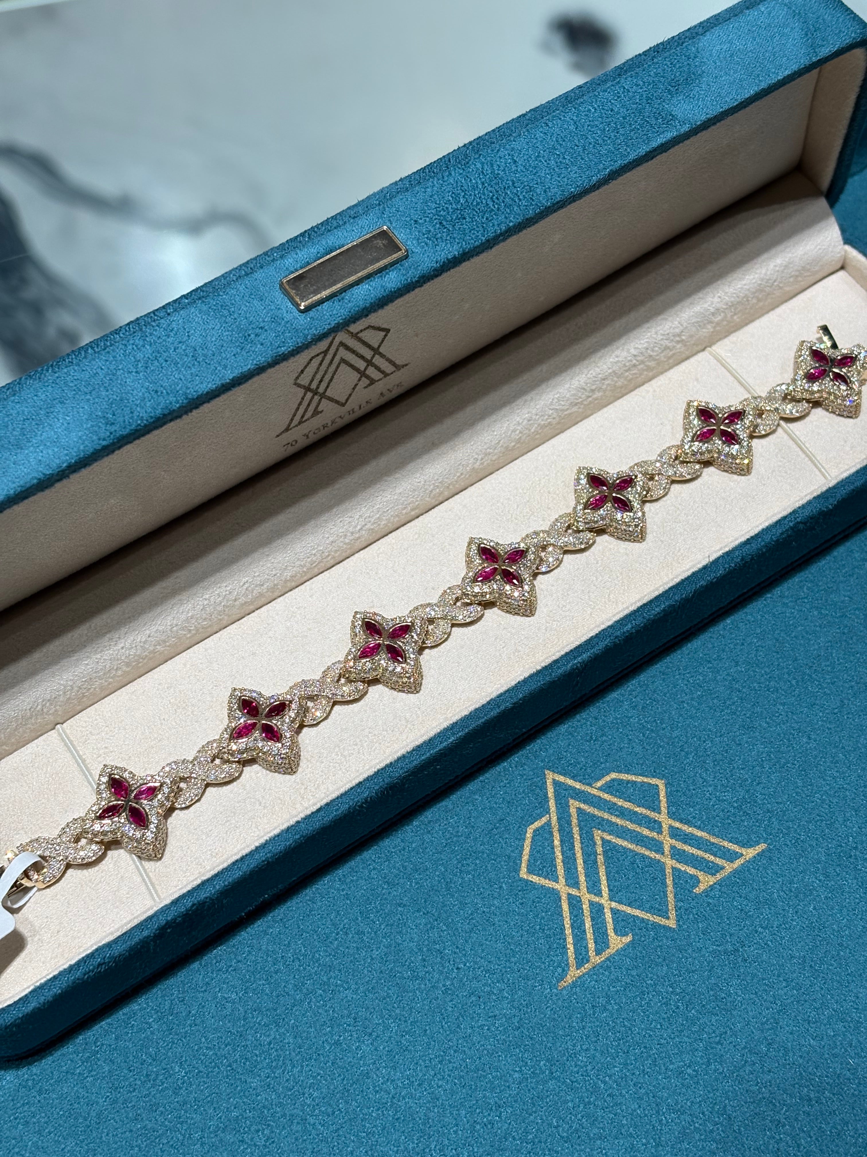 10K Yellow Gold Ruby and Diamond Clover Motif Bracelet