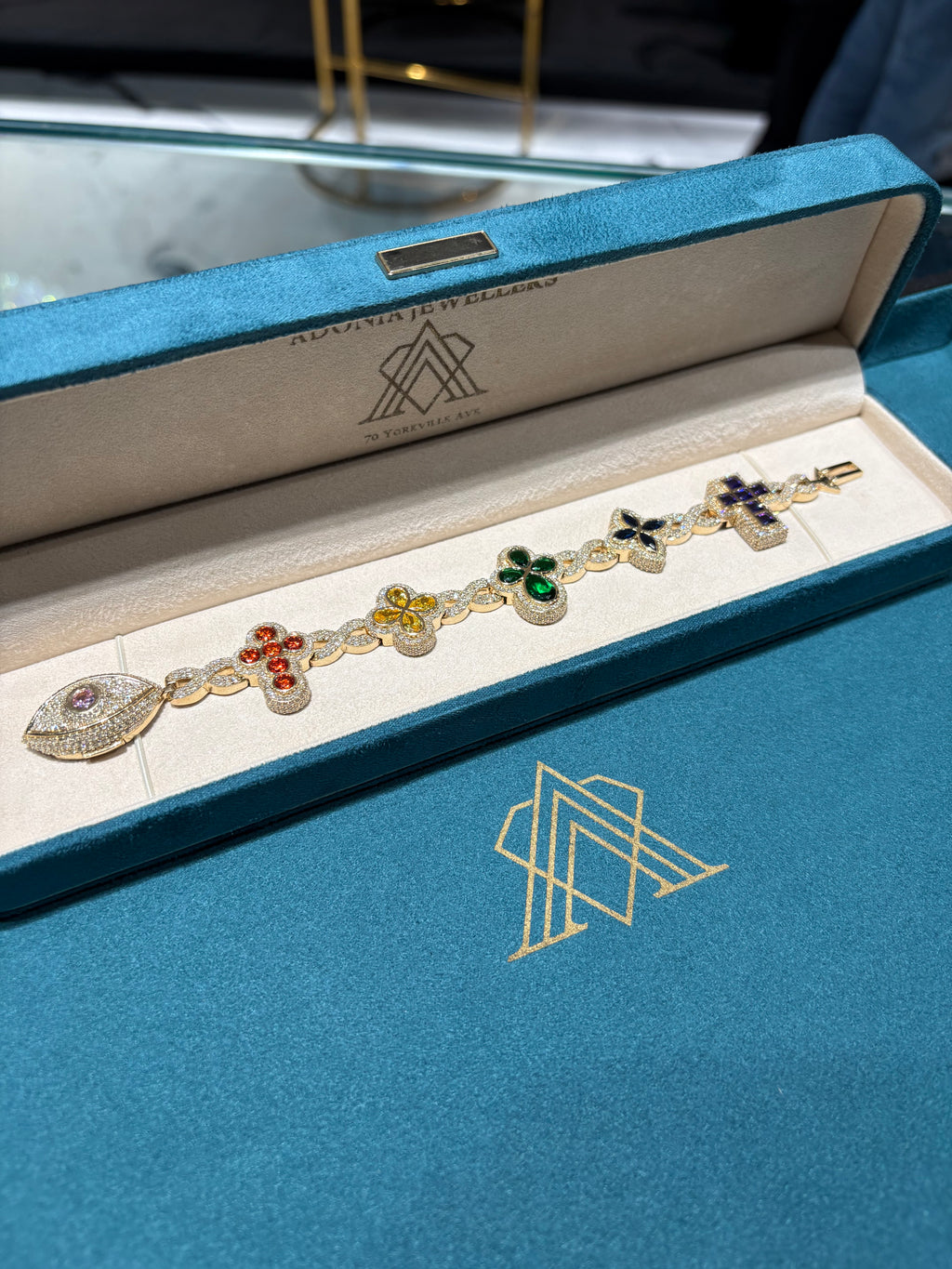 10K Yellow Gold Multi-Colour Gemstone Clover and Evil Eye Bracelet
