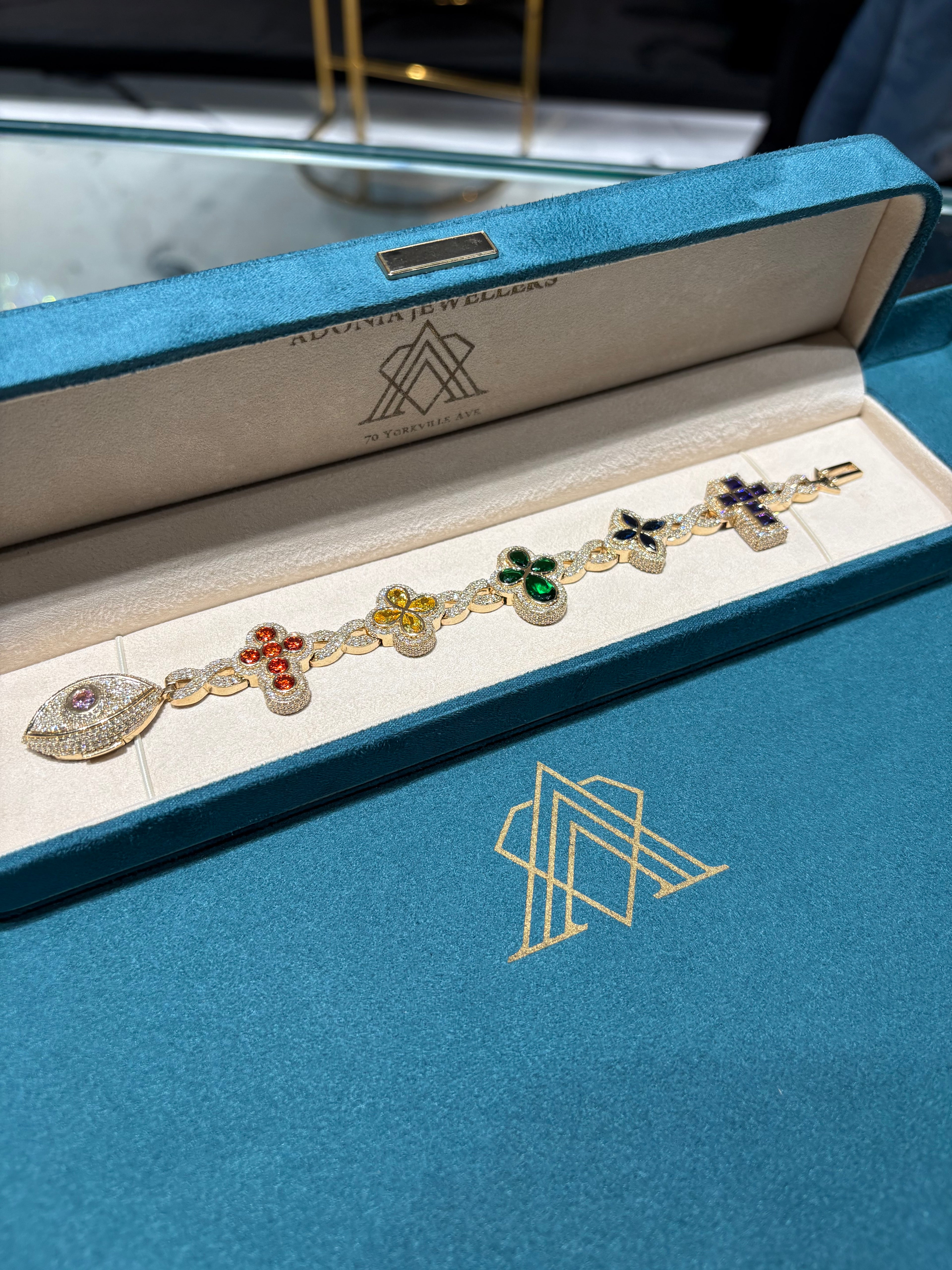 10K Yellow Gold Multi-Colour Gemstone Clover and Evil Eye Bracelet