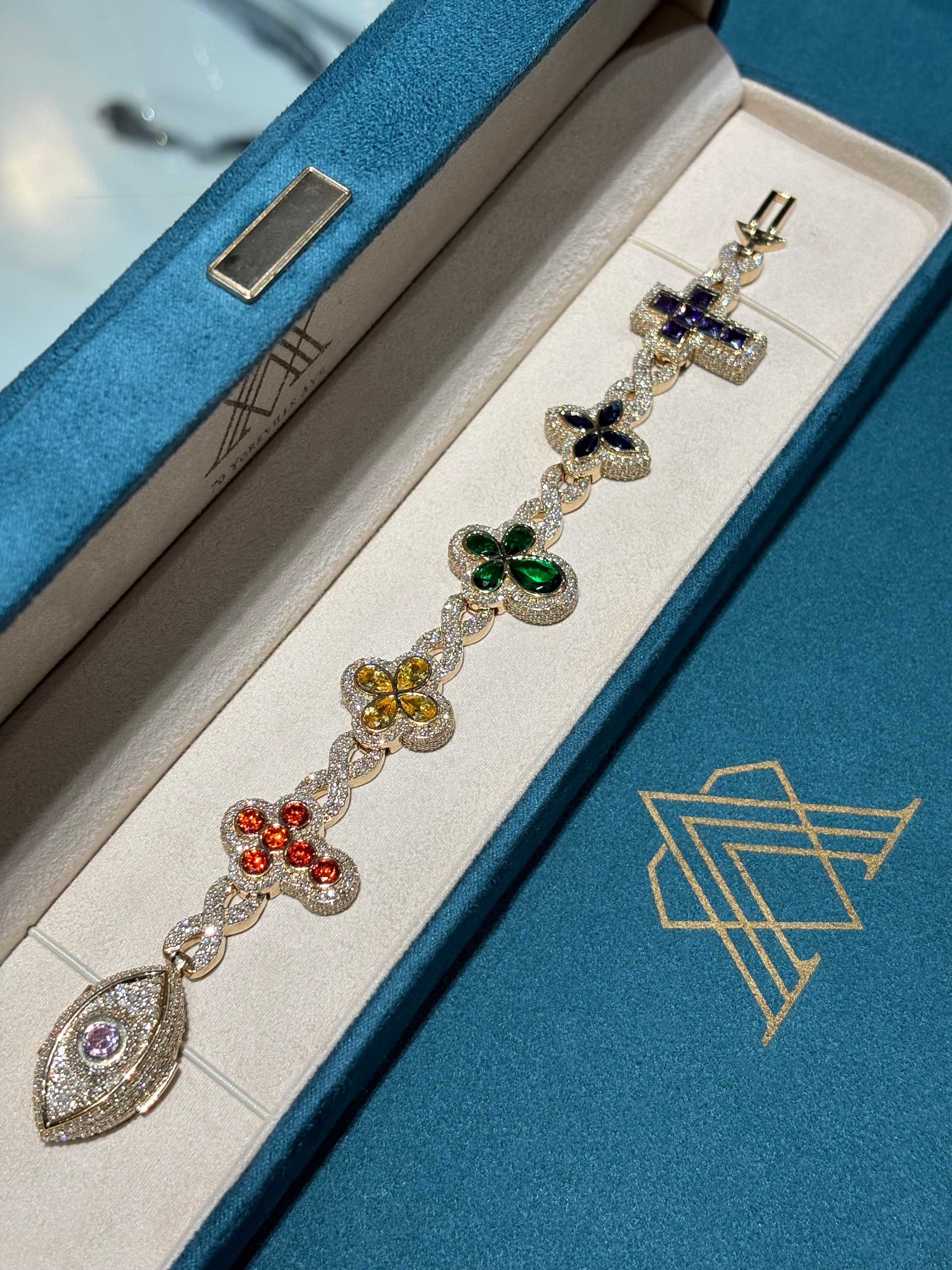 10K Yellow Gold Multi-Colour Gemstone Clover and Evil Eye Bracelet