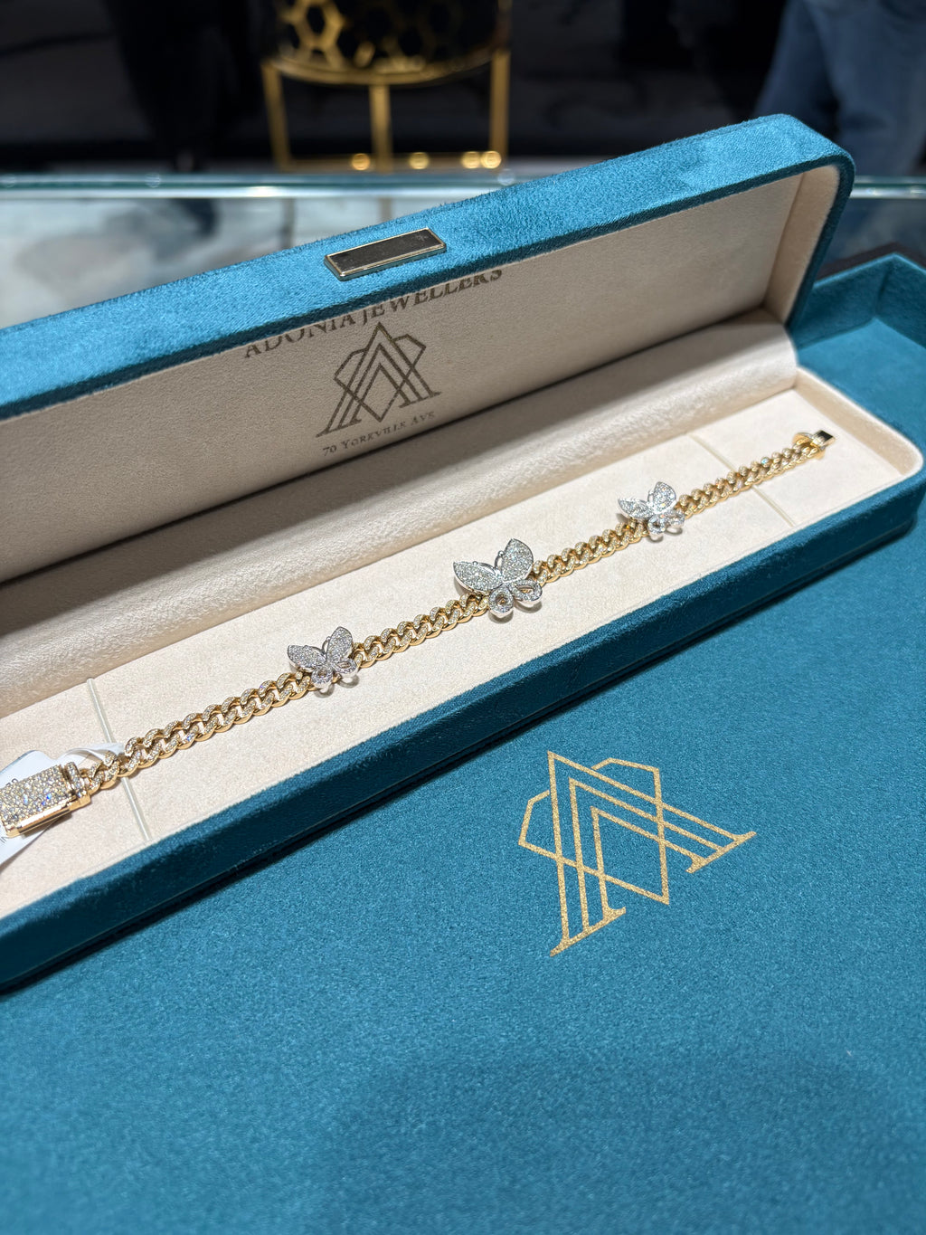 10K Yellow Gold Diamond Butterfly Station Cuban Link Bracelet