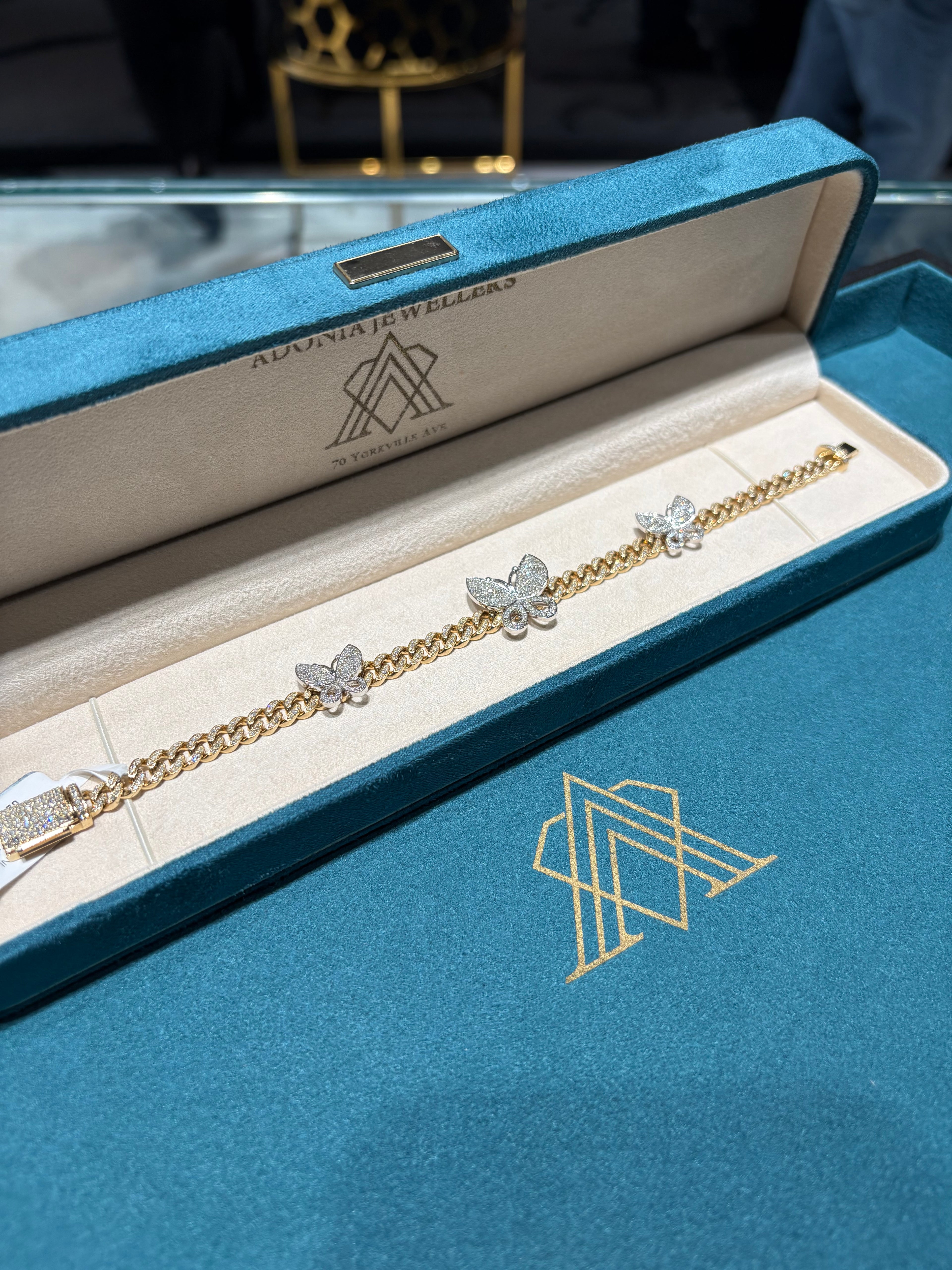 10K Yellow Gold Diamond Butterfly Station Cuban Link Bracelet