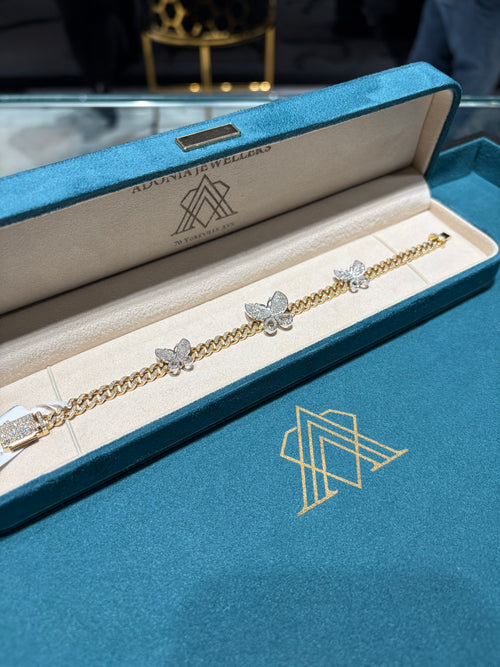 10K Yellow Gold Diamond Butterfly Station Cuban Link Bracelet