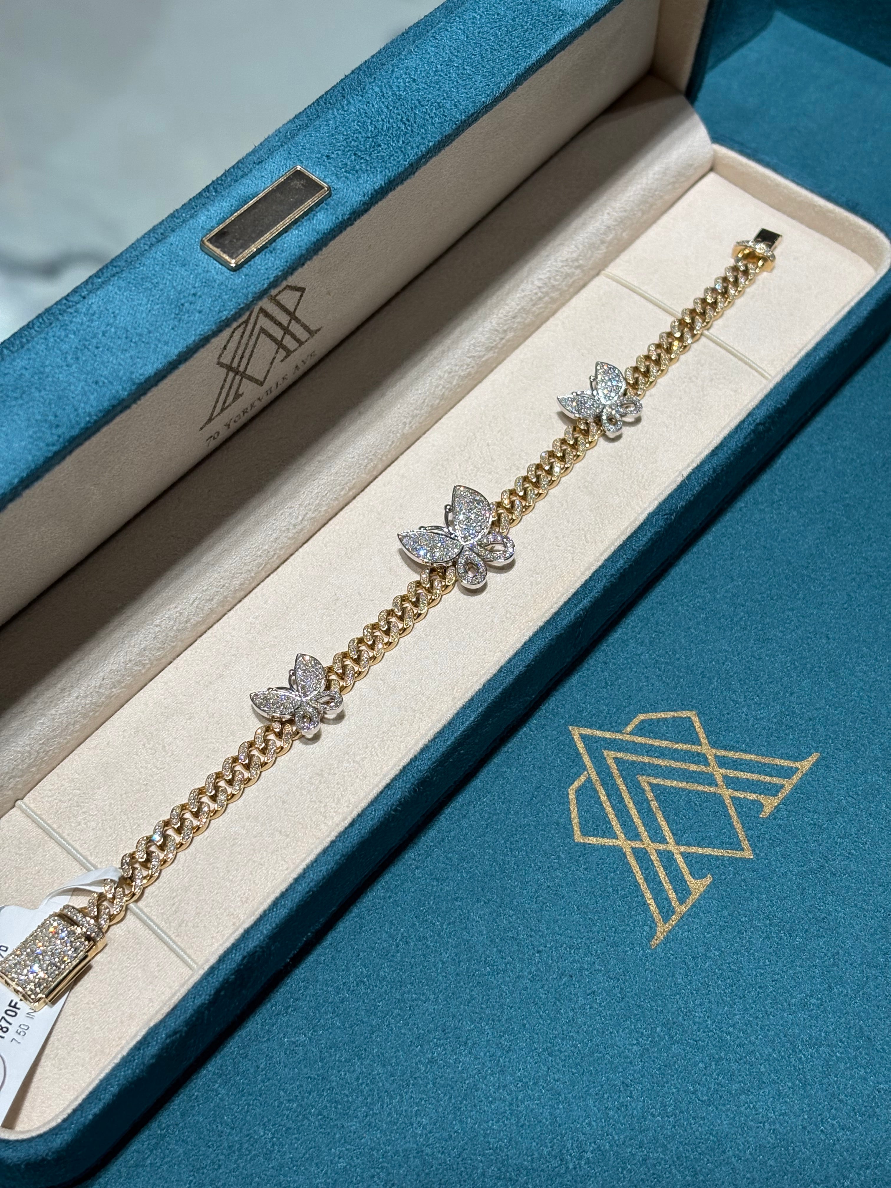 10K Yellow Gold Diamond Butterfly Station Cuban Link Bracelet