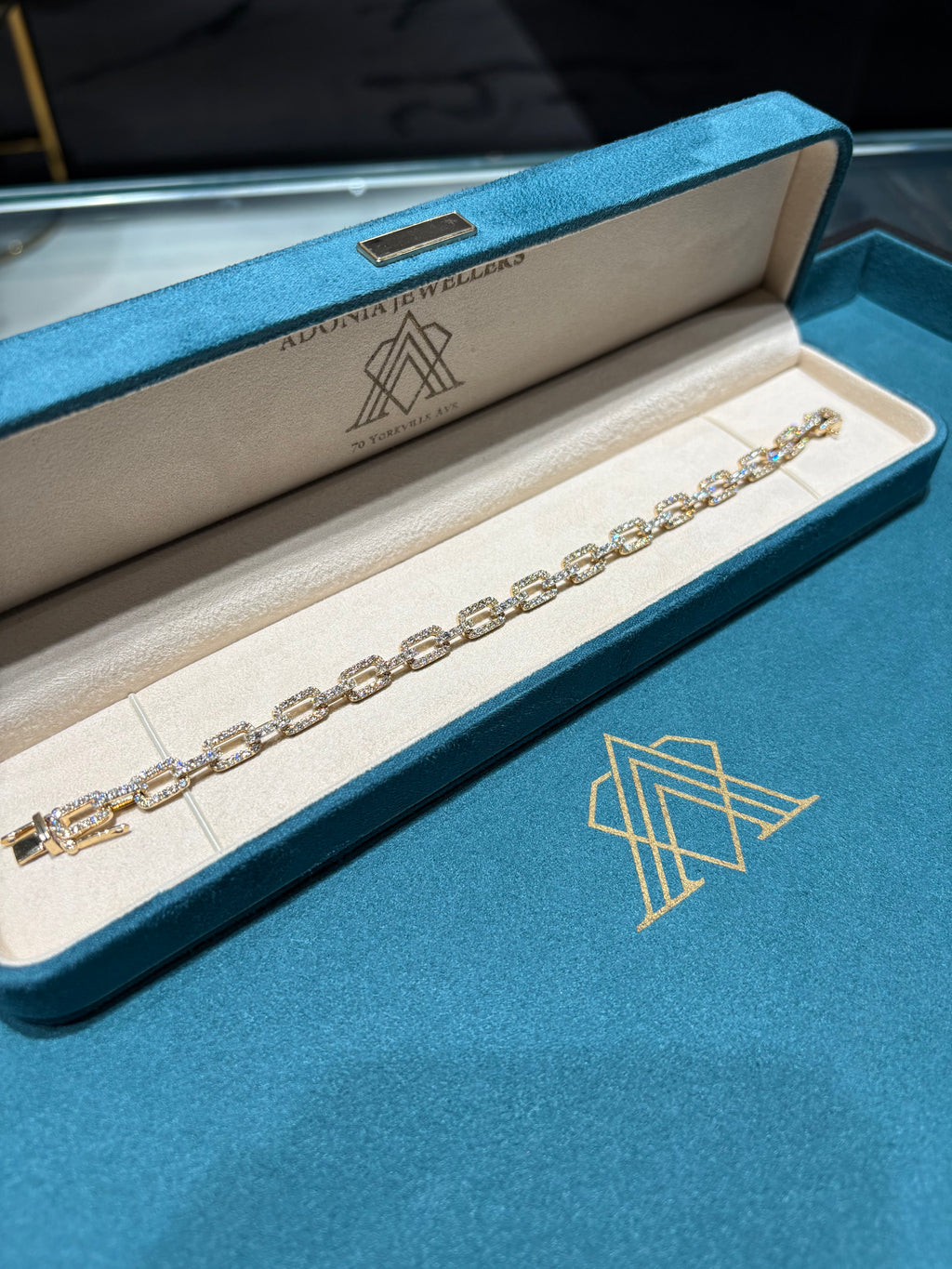 10K Yellow Gold Pave Diamond Open Rectangle Cable Link Bracelet