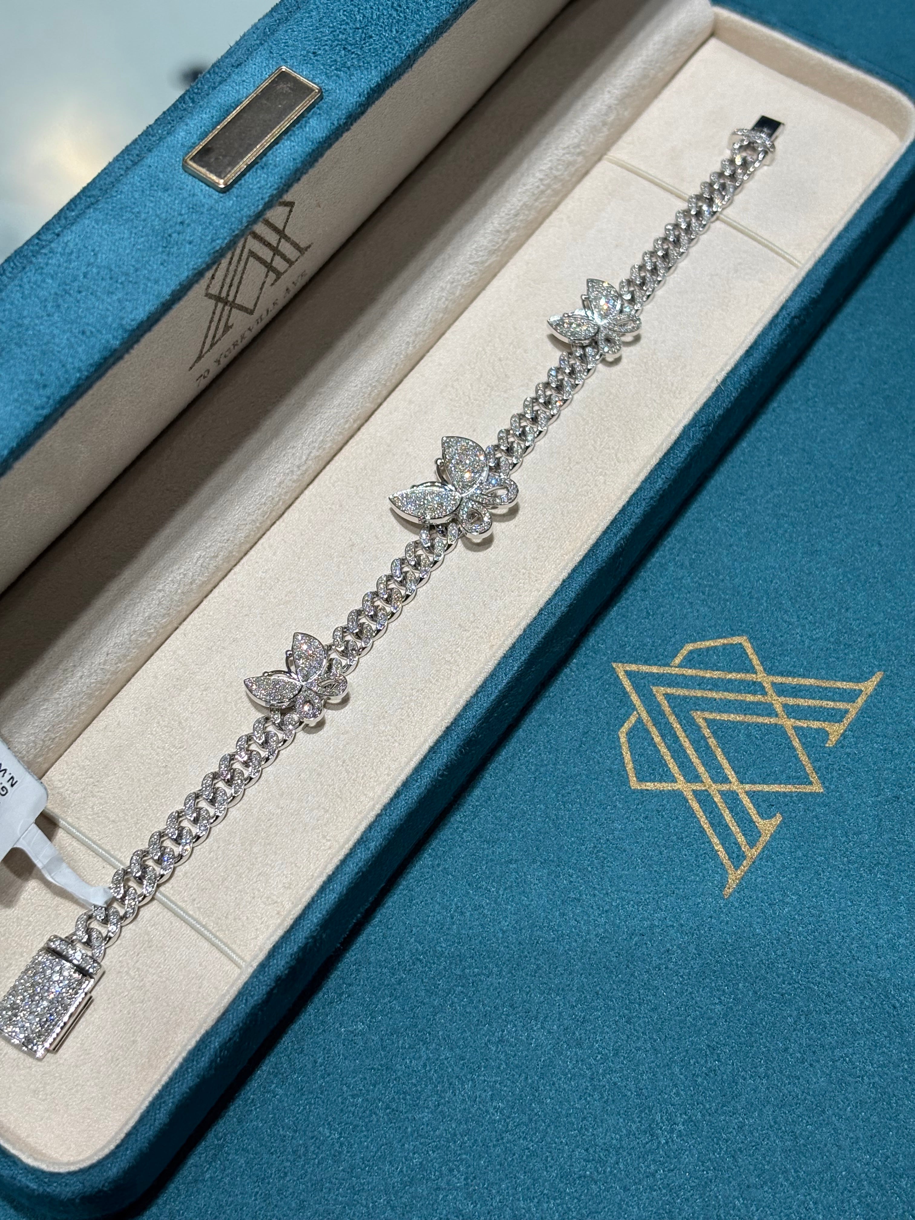 10K White Gold Diamond Butterfly Station Cuban Link Bracelet