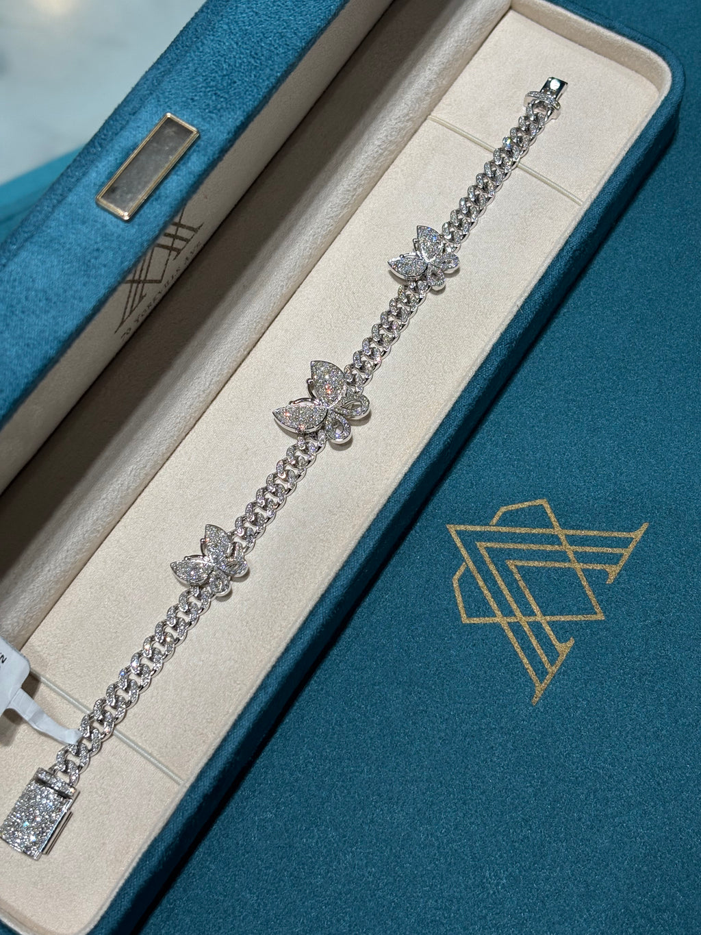 10K White Gold Diamond Butterfly Station Cuban Link Bracelet