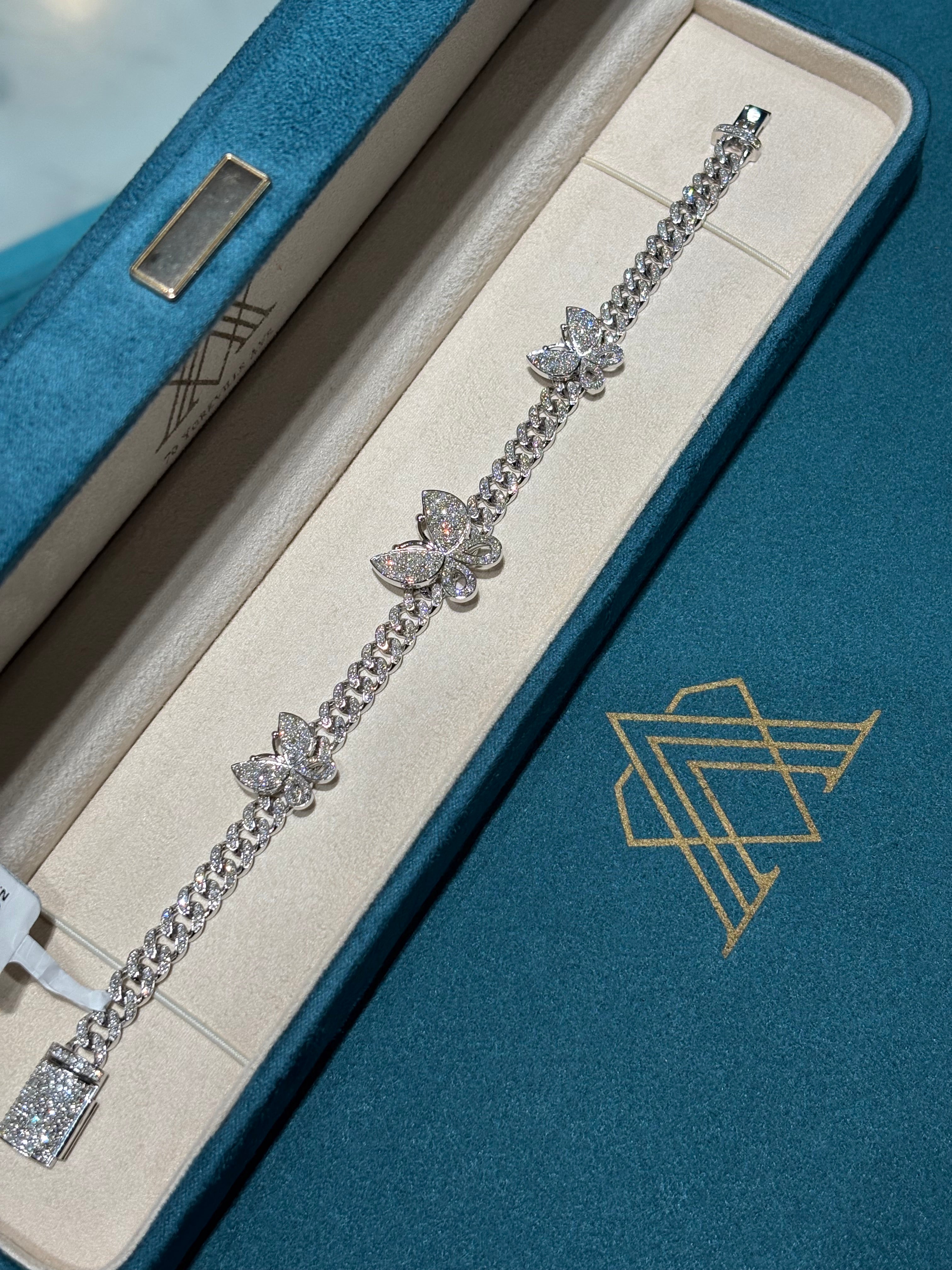 10K White Gold Diamond Butterfly Station Cuban Link Bracelet