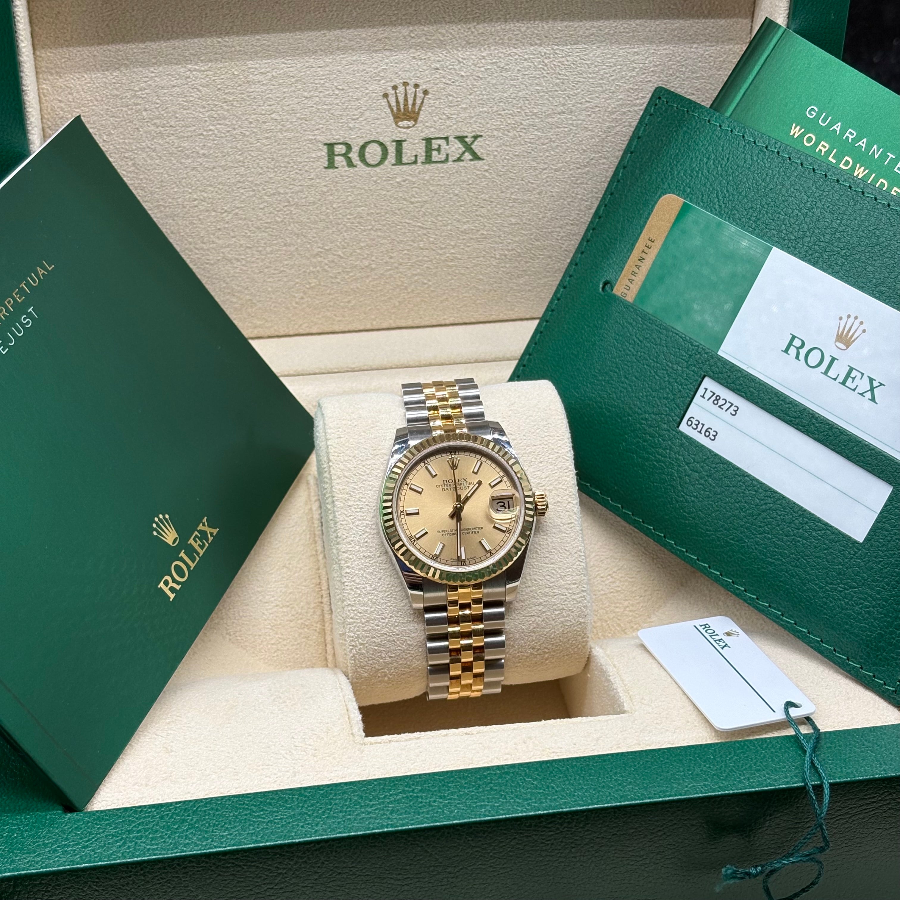Rolex Datejust 31 Two-Tone Yellow Gold Champagne Index Dial Jubilee Bracelet 278273 Full Set